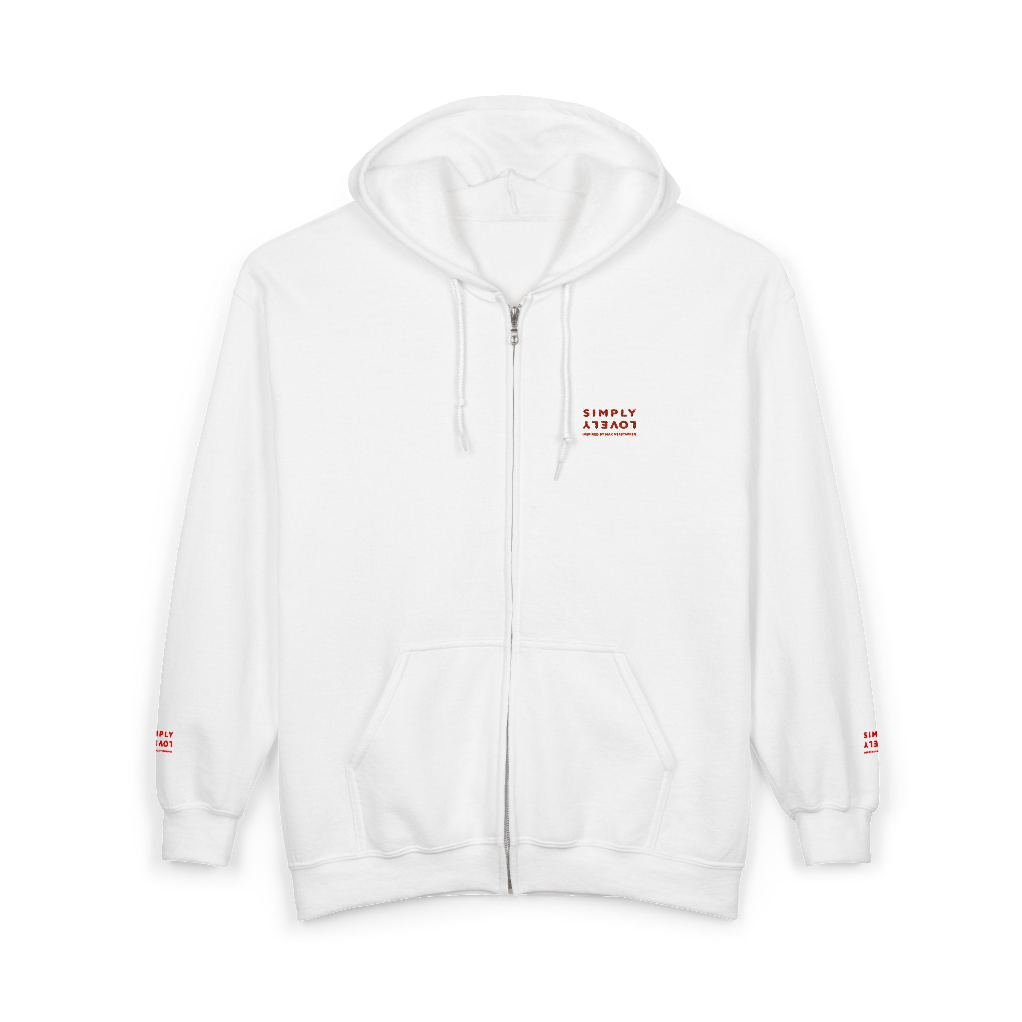 "Simply Lovely"  Zip Hoodie — Small Red Script Chest & Sleeve Design