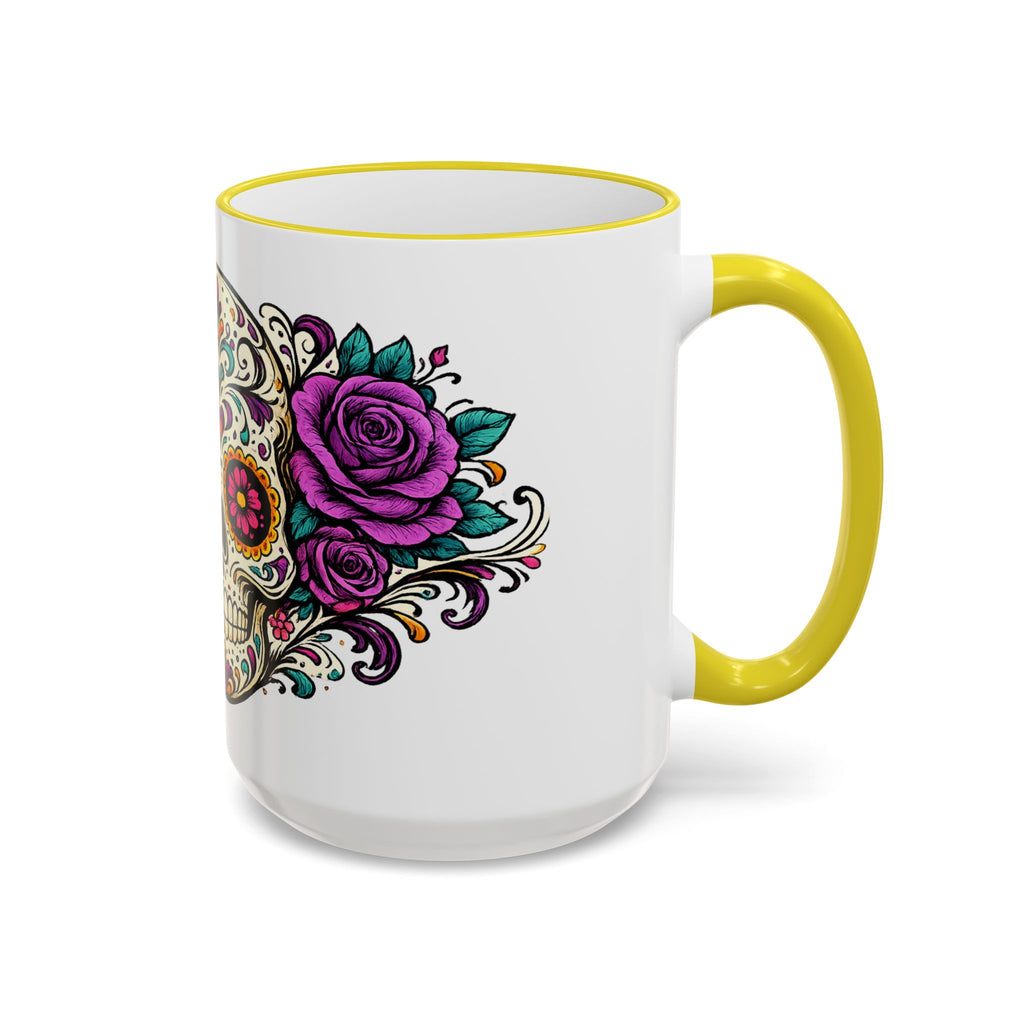 Day of the Dead Sugar Skull Accent Rim Mug — Floral Skull Ceramic Coffee Cup (11oz/15oz)