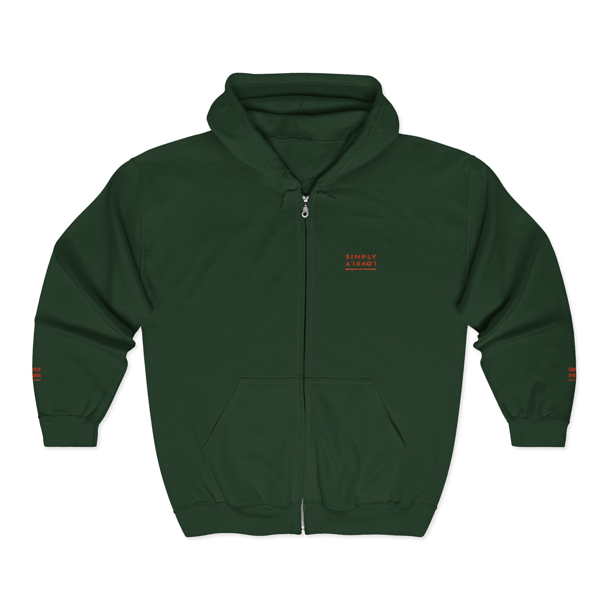 "Simply Lovely"  Zip Hoodie — Small Red Script Chest & Sleeve Design