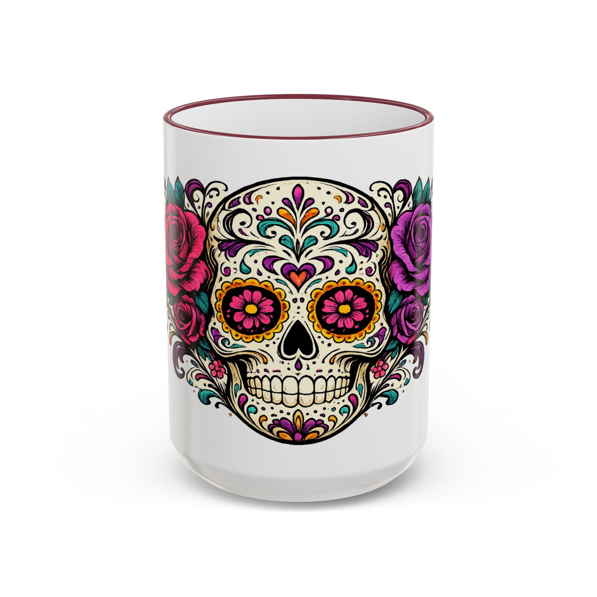Day of the Dead Sugar Skull Accent Rim Mug — Floral Skull Ceramic Coffee Cup (11oz/15oz)