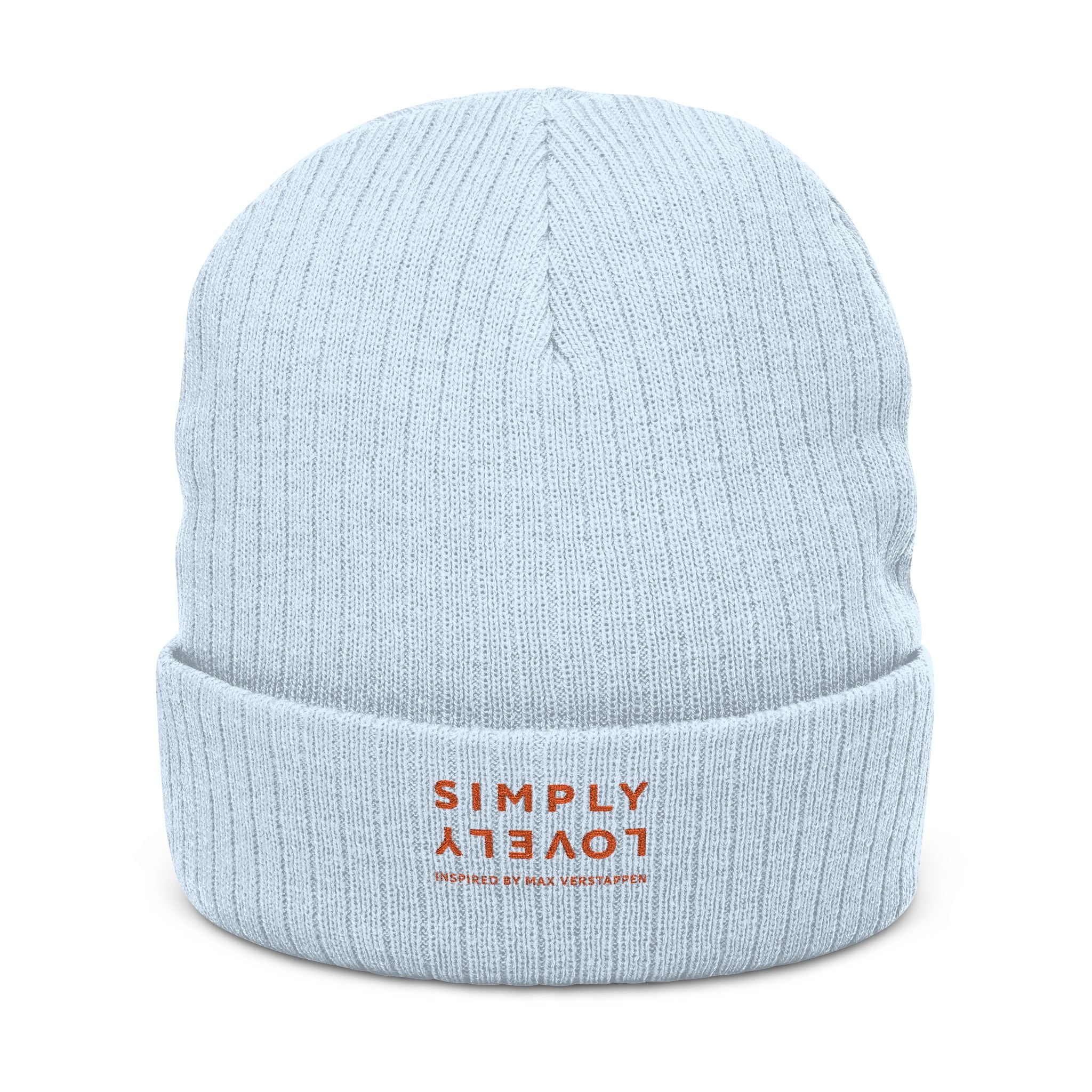 Embroidered Ribbed Beanie — 'SIMPLY LOVELY' Orange Logo Knit Hat