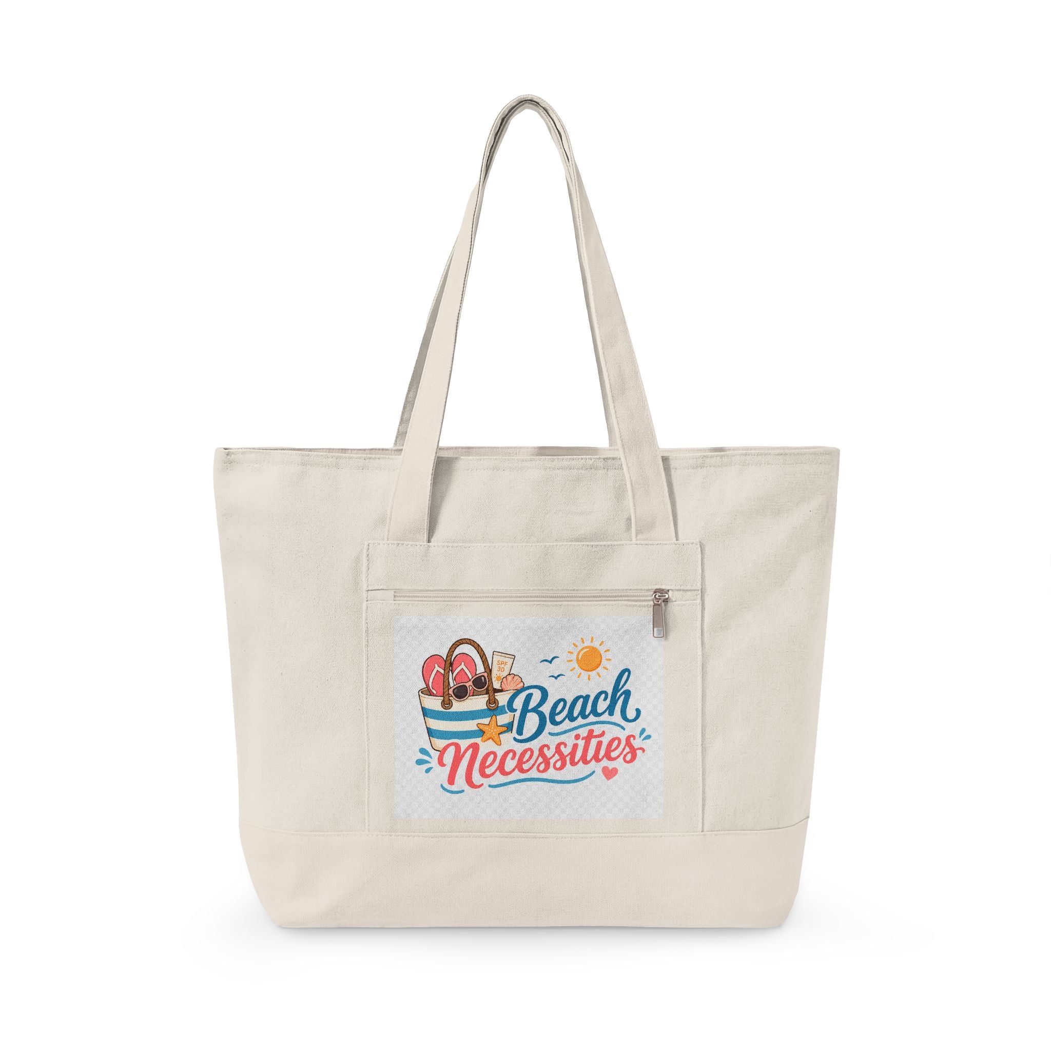 "Beach Bag / Beach Necessities" Zippered Canvas Tote, Summer Beach Tote Bag