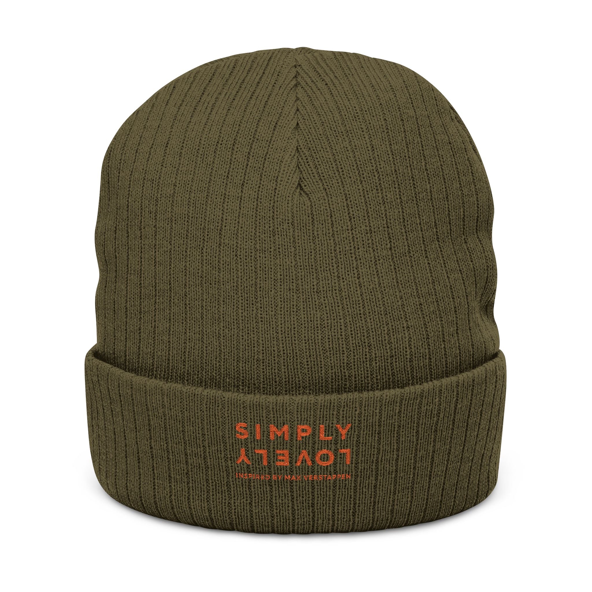 Embroidered Ribbed Beanie — 'SIMPLY LOVELY' Orange Logo Knit Hat