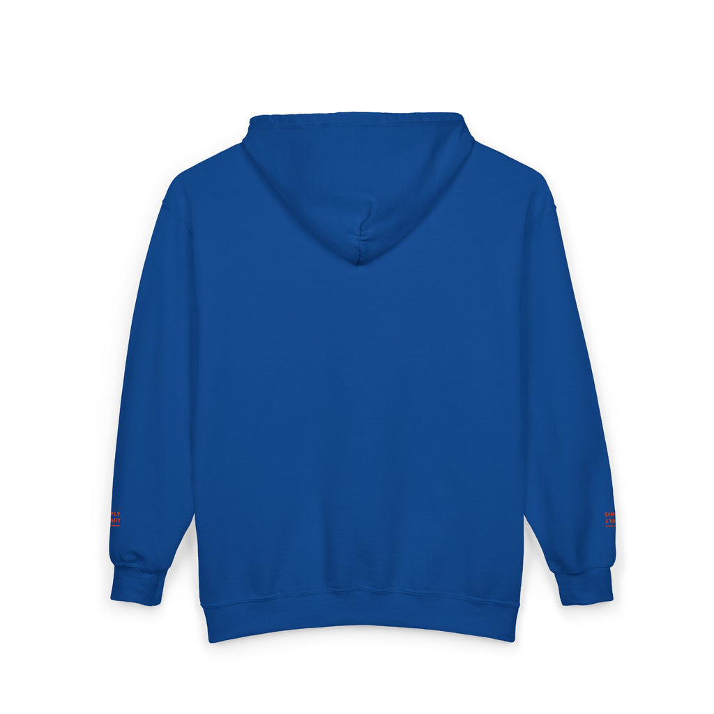 "Simply Lovely"  Zip Hoodie — Small Red Script Chest & Sleeve Design