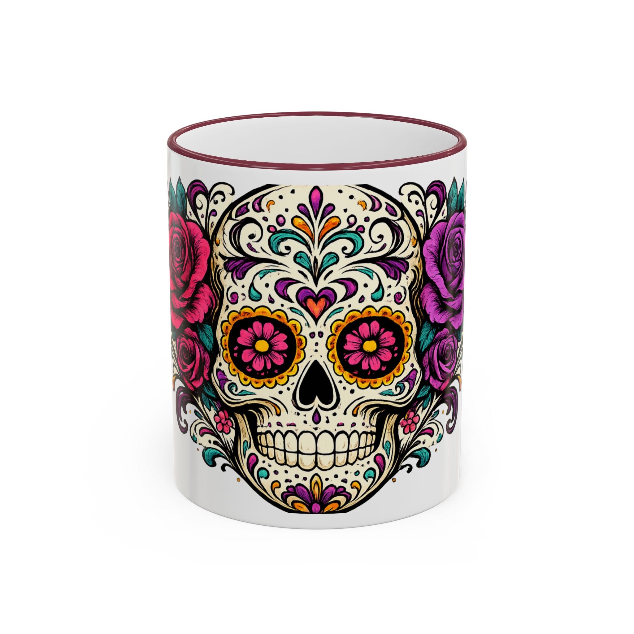 Day of the Dead Sugar Skull Accent Rim Mug — Floral Skull Ceramic Coffee Cup (11oz/15oz)