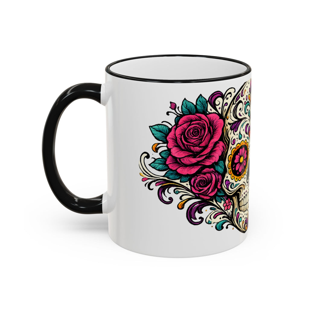 Day of the Dead Sugar Skull Accent Rim Mug — Floral Skull Ceramic Coffee Cup (11oz/15oz)