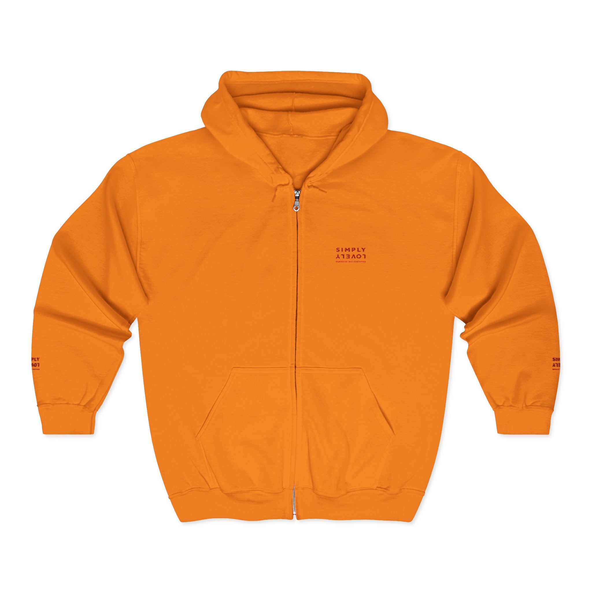 "Simply Lovely"  Zip Hoodie — Small Red Script Chest & Sleeve Design