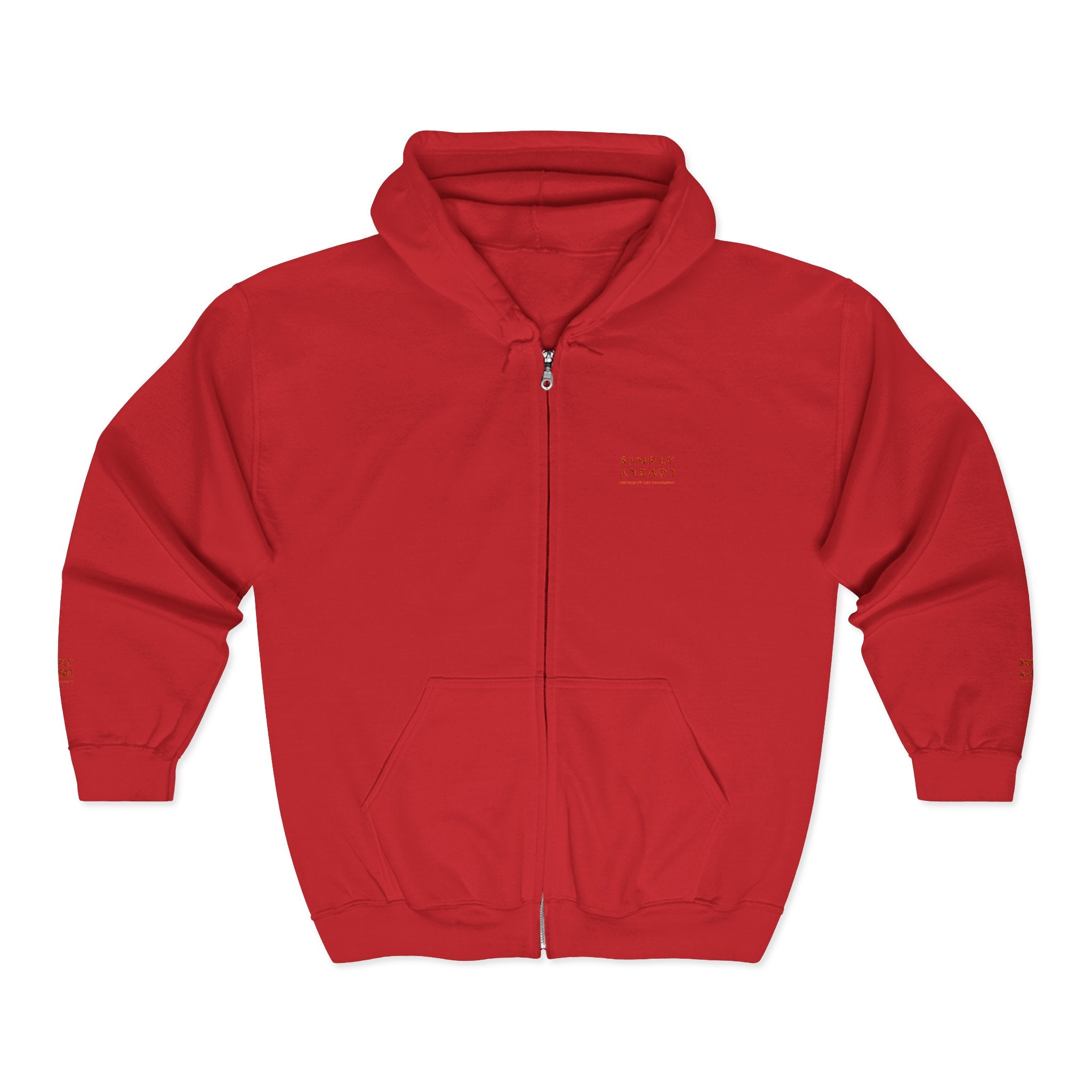 "Simply Lovely"  Zip Hoodie — Small Red Script Chest & Sleeve Design