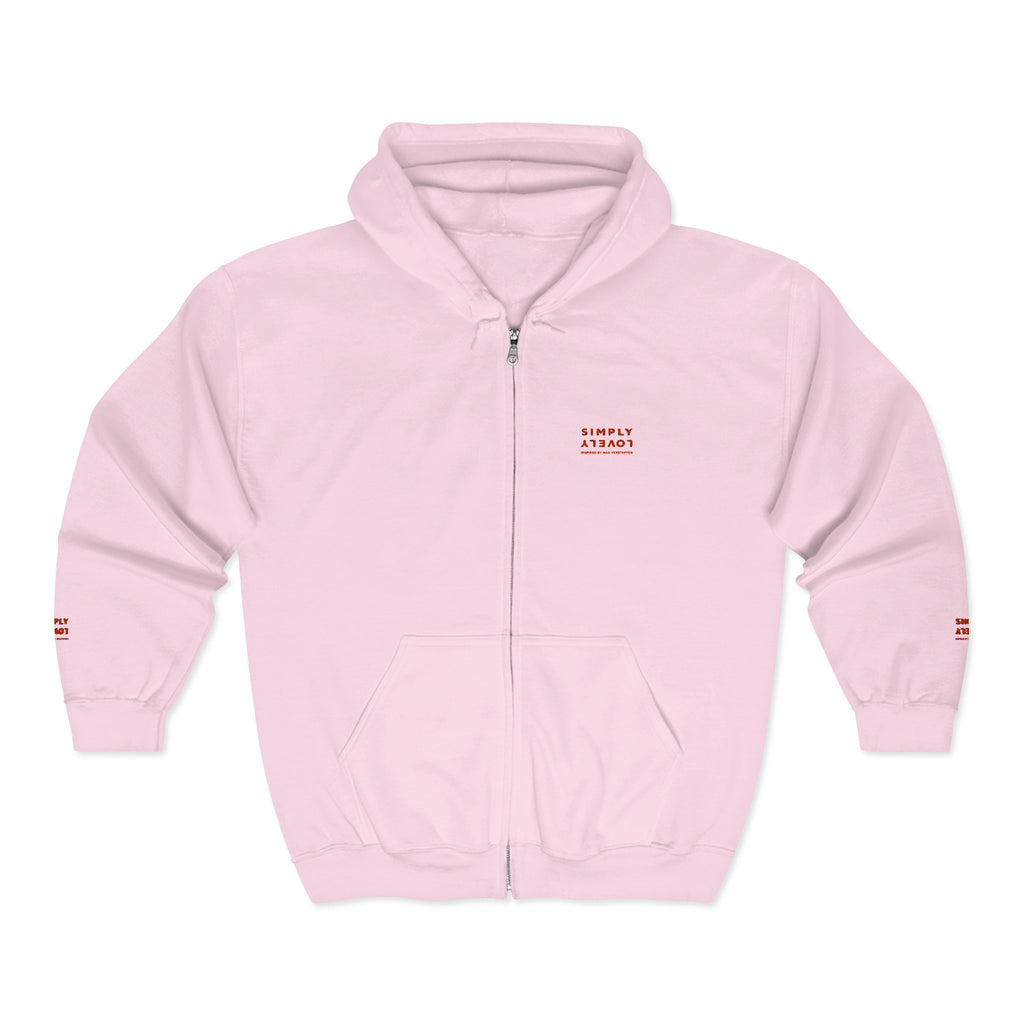 "Simply Lovely"  Zip Hoodie — Small Red Script Chest & Sleeve Design