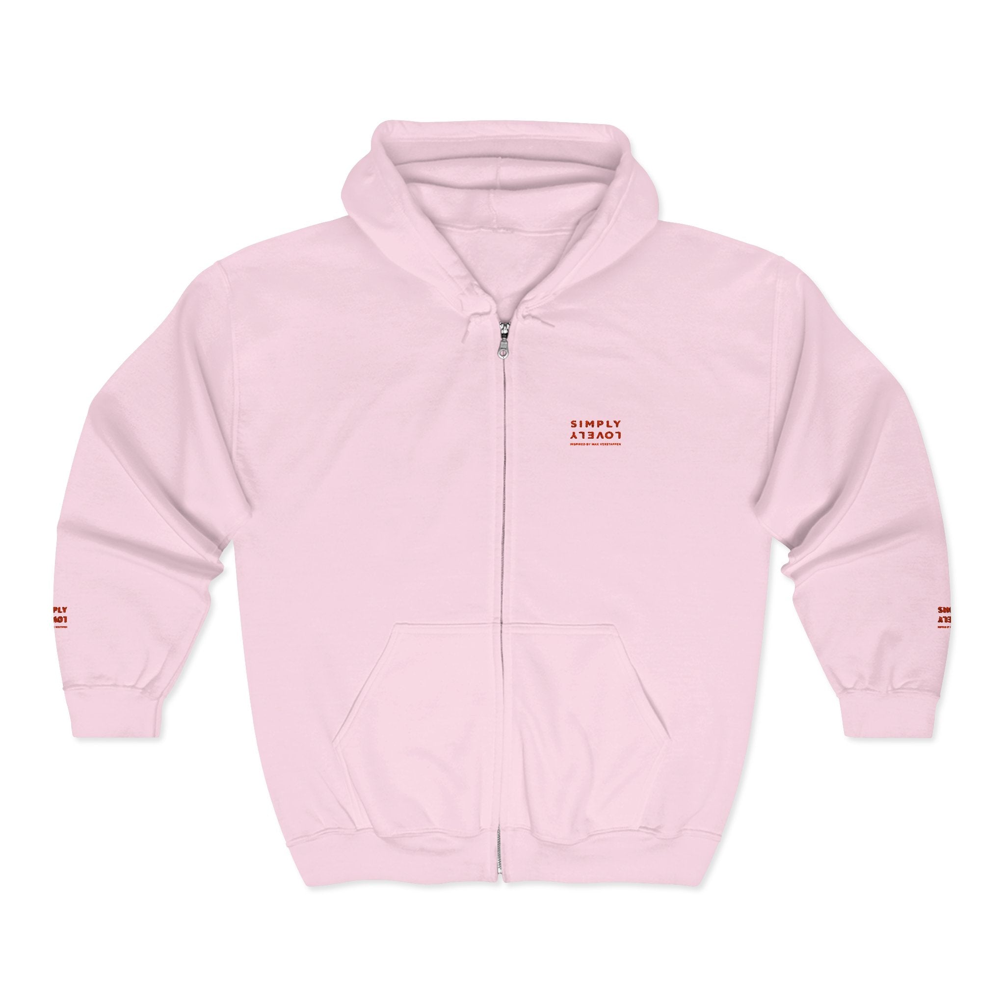 "Simply Lovely"  Zip Hoodie — Small Red Script Chest & Sleeve Design