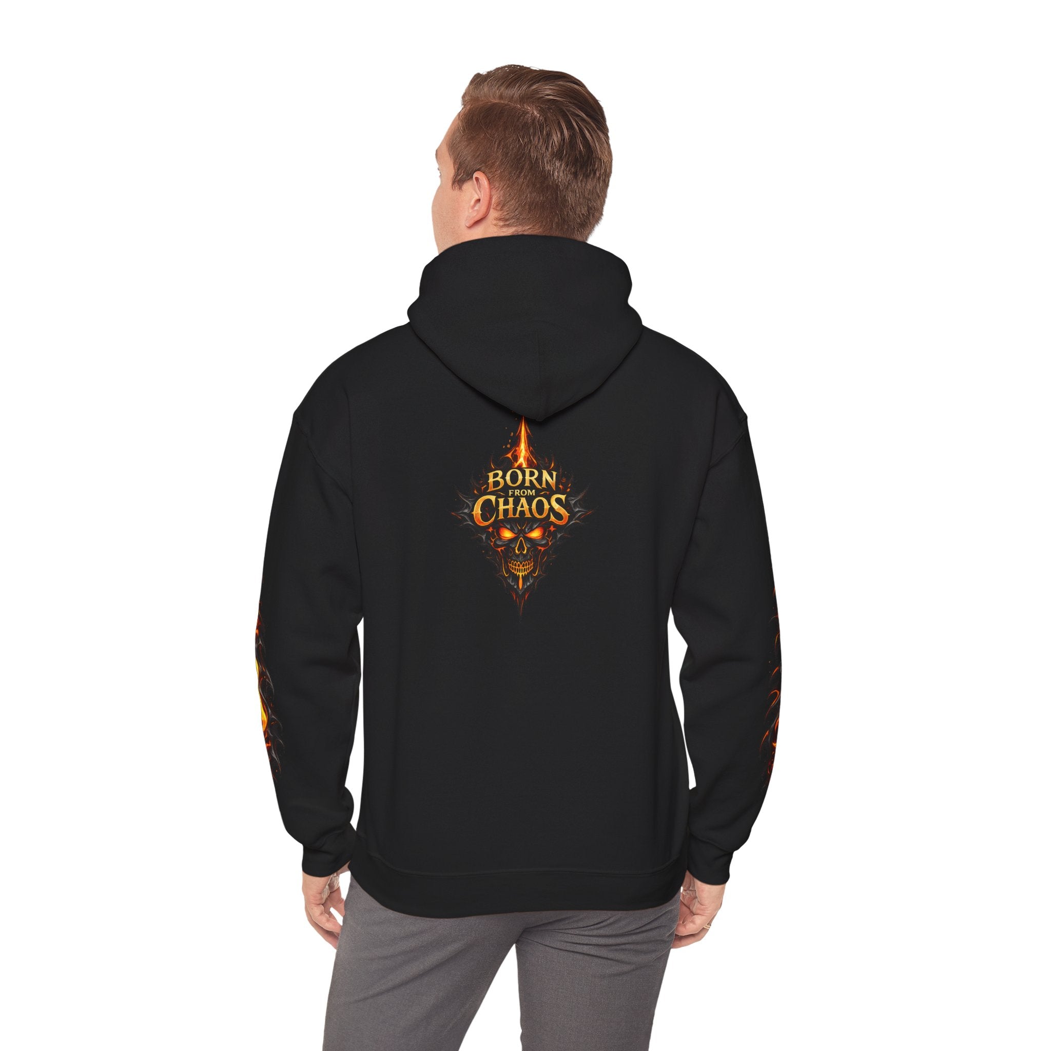 Born From ChaosFlaming Skull Hoodie — Gothic Flame Graphic Pullover