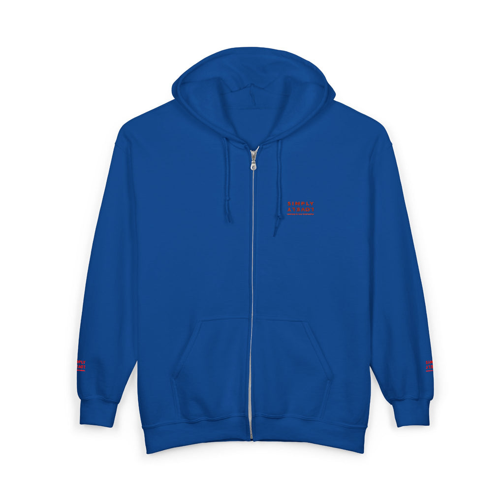 "Simply Lovely"  Zip Hoodie — Small Red Script Chest & Sleeve Design