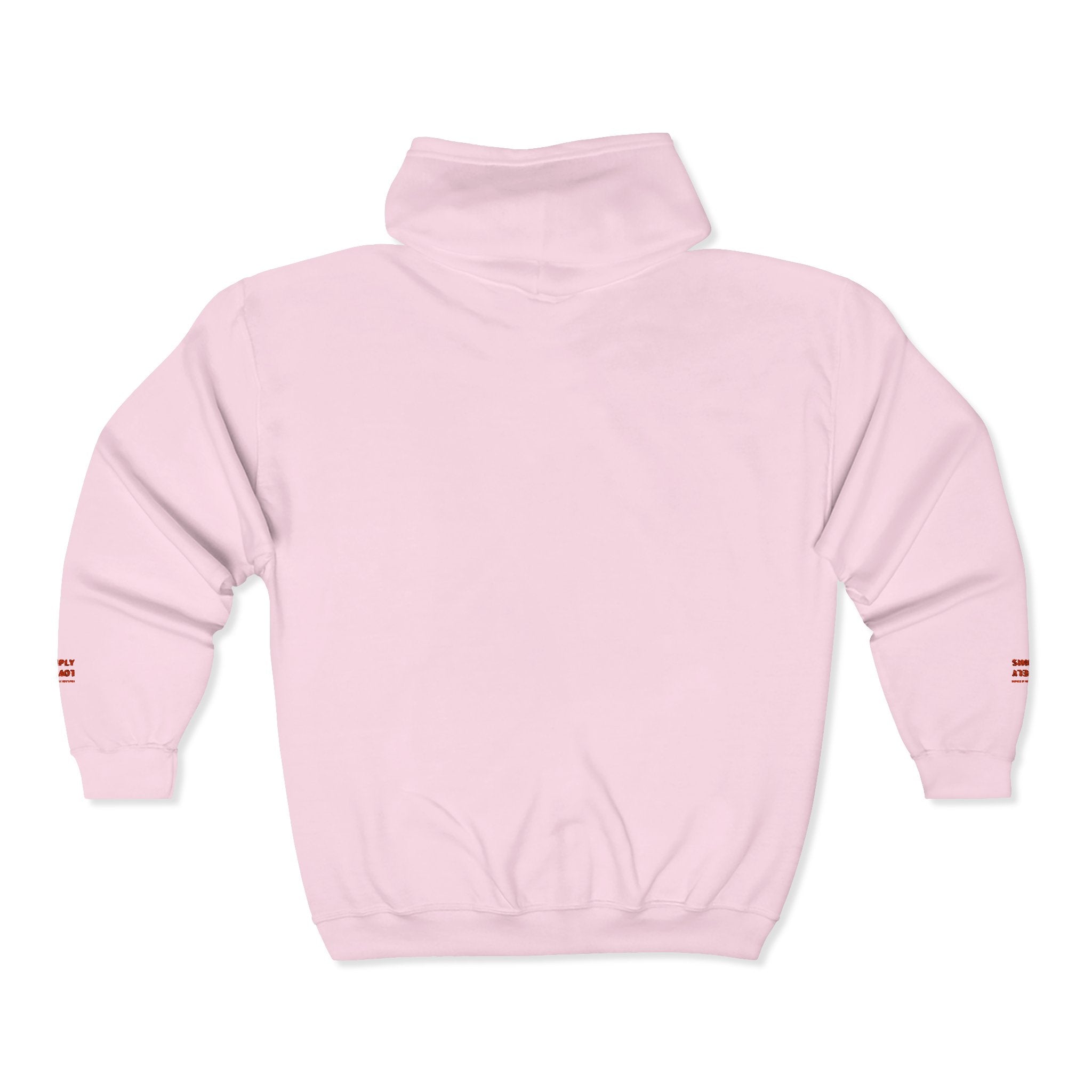 "Simply Lovely"  Zip Hoodie — Small Red Script Chest & Sleeve Design