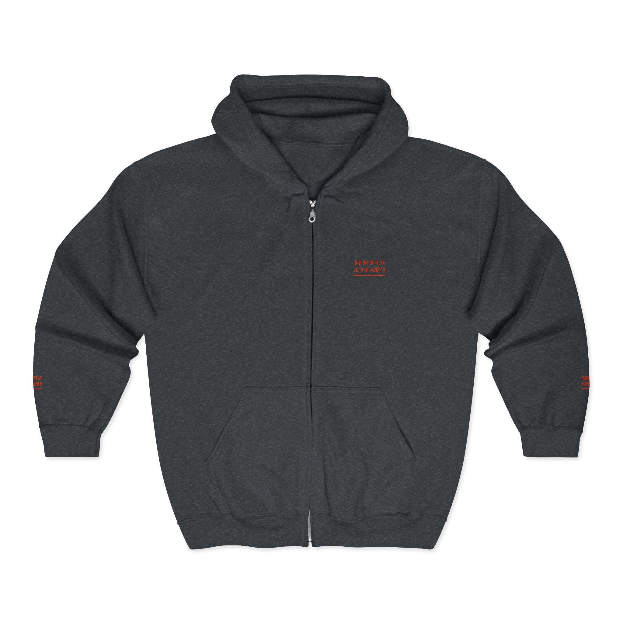 "Simply Lovely"  Zip Hoodie — Small Red Script Chest & Sleeve Design