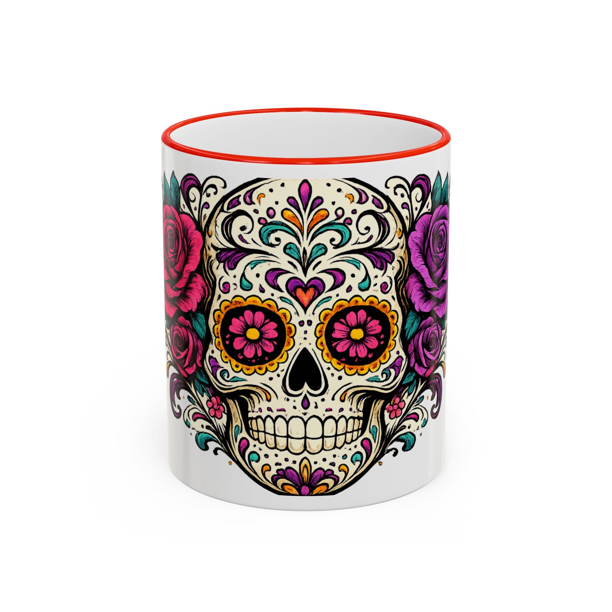 Day of the Dead Sugar Skull Accent Rim Mug — Floral Skull Ceramic Coffee Cup (11oz/15oz)