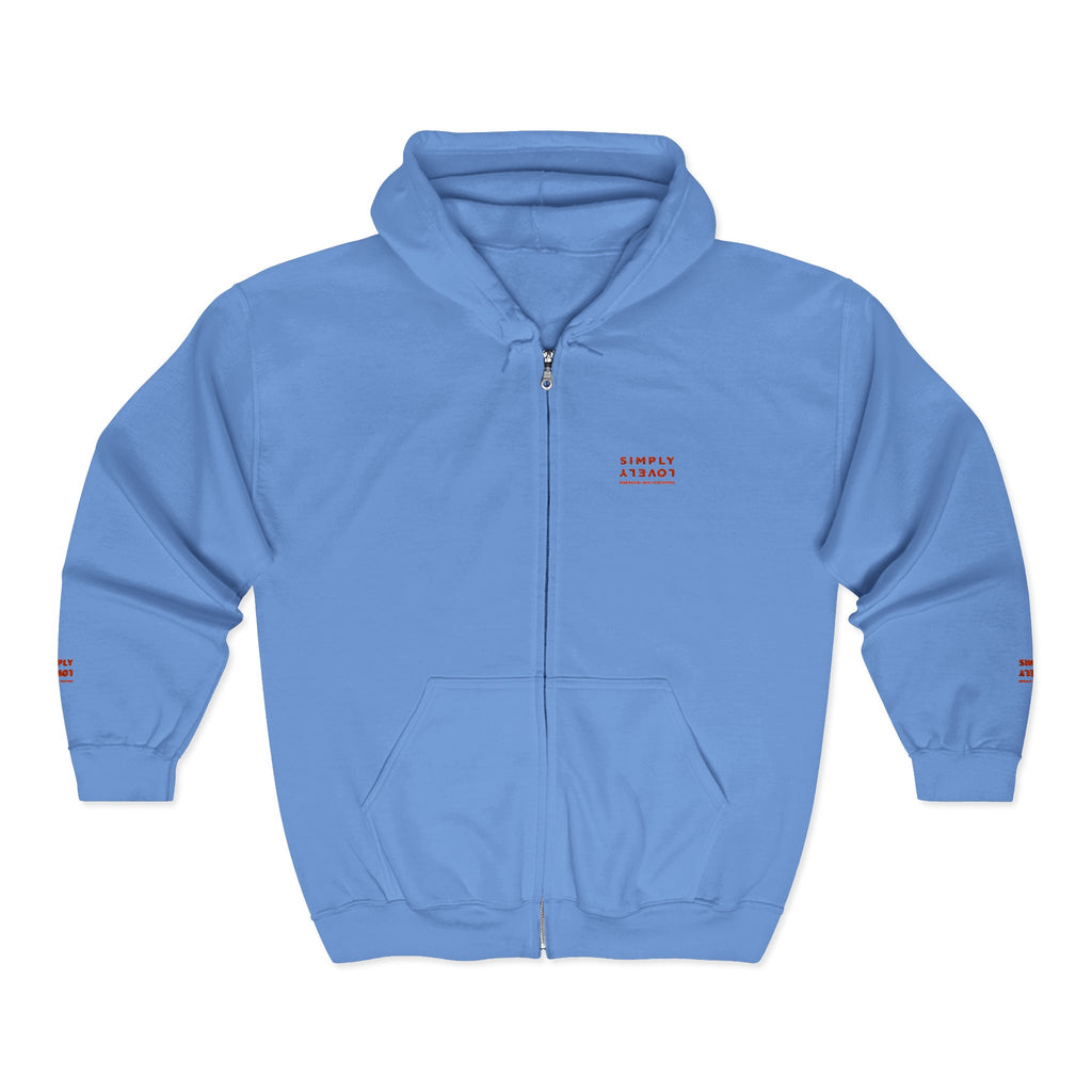 "Simply Lovely"  Zip Hoodie — Small Red Script Chest & Sleeve Design