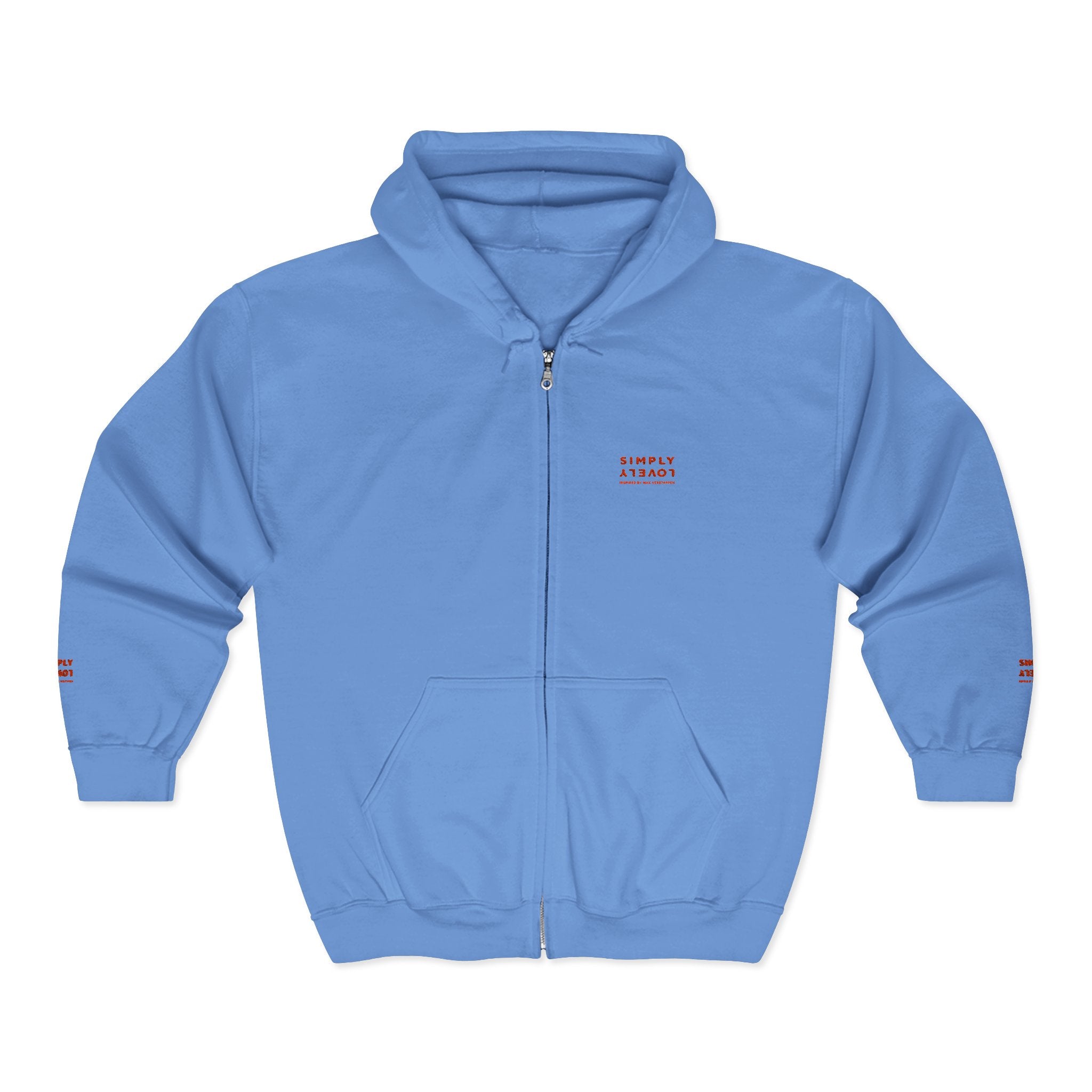 "Simply Lovely"  Zip Hoodie — Small Red Script Chest & Sleeve Design