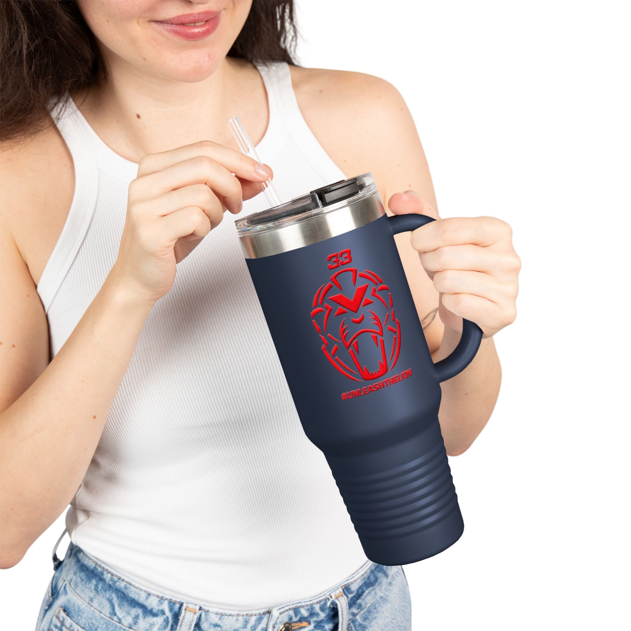 40oz Insulated Travel Mug — Red Lion Emblem "#UNLEASHTHELION"