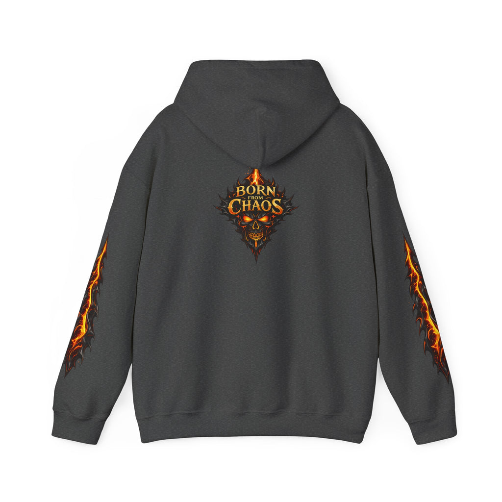 Born From ChaosFlaming Skull Hoodie — Gothic Flame Graphic Pullover