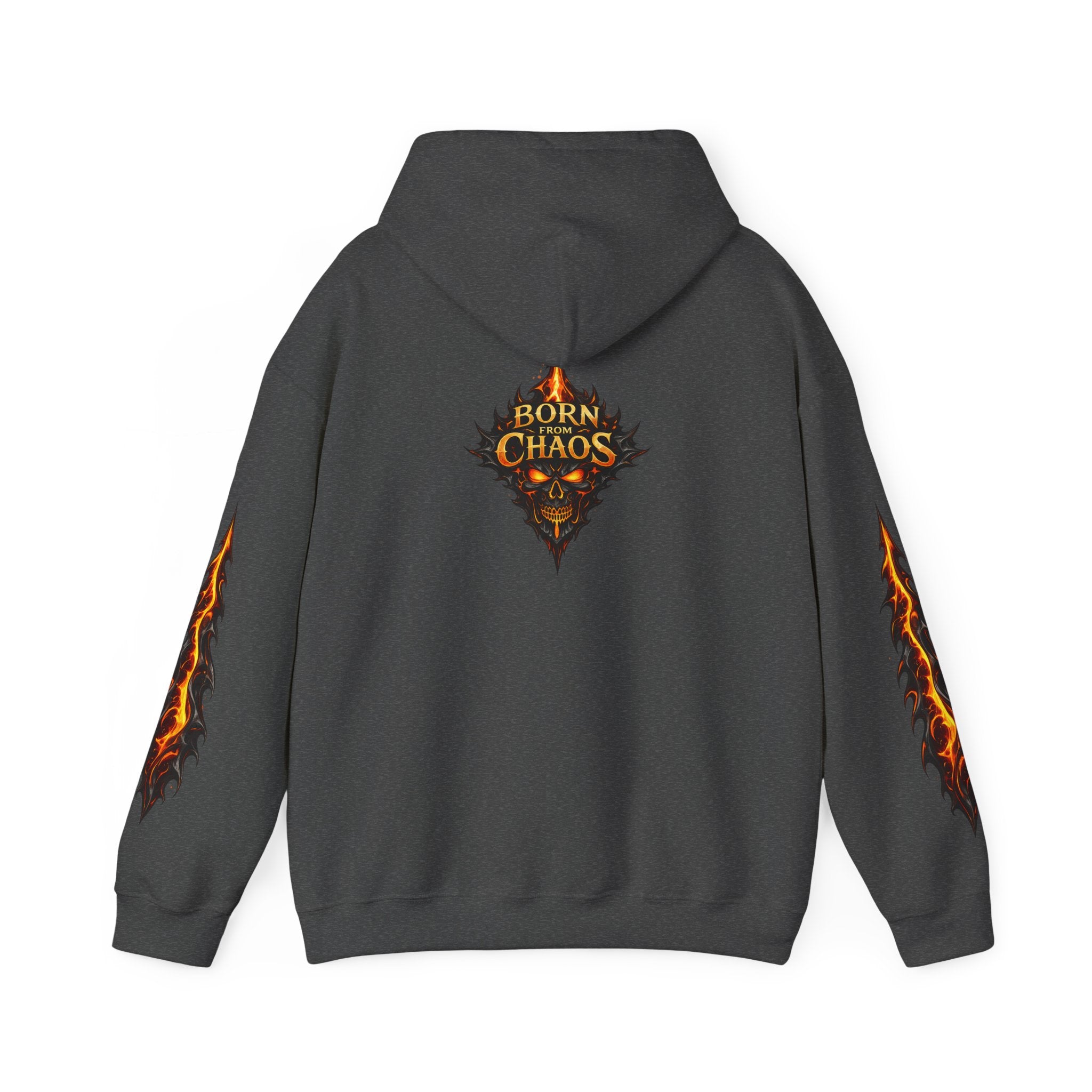 Born From ChaosFlaming Skull Hoodie — Gothic Flame Graphic Pullover