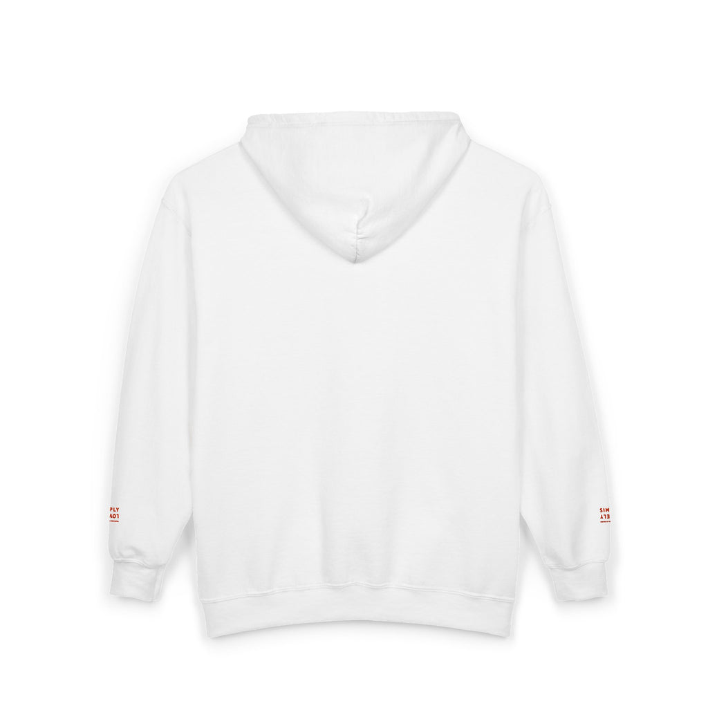 "Simply Lovely"  Zip Hoodie — Small Red Script Chest & Sleeve Design