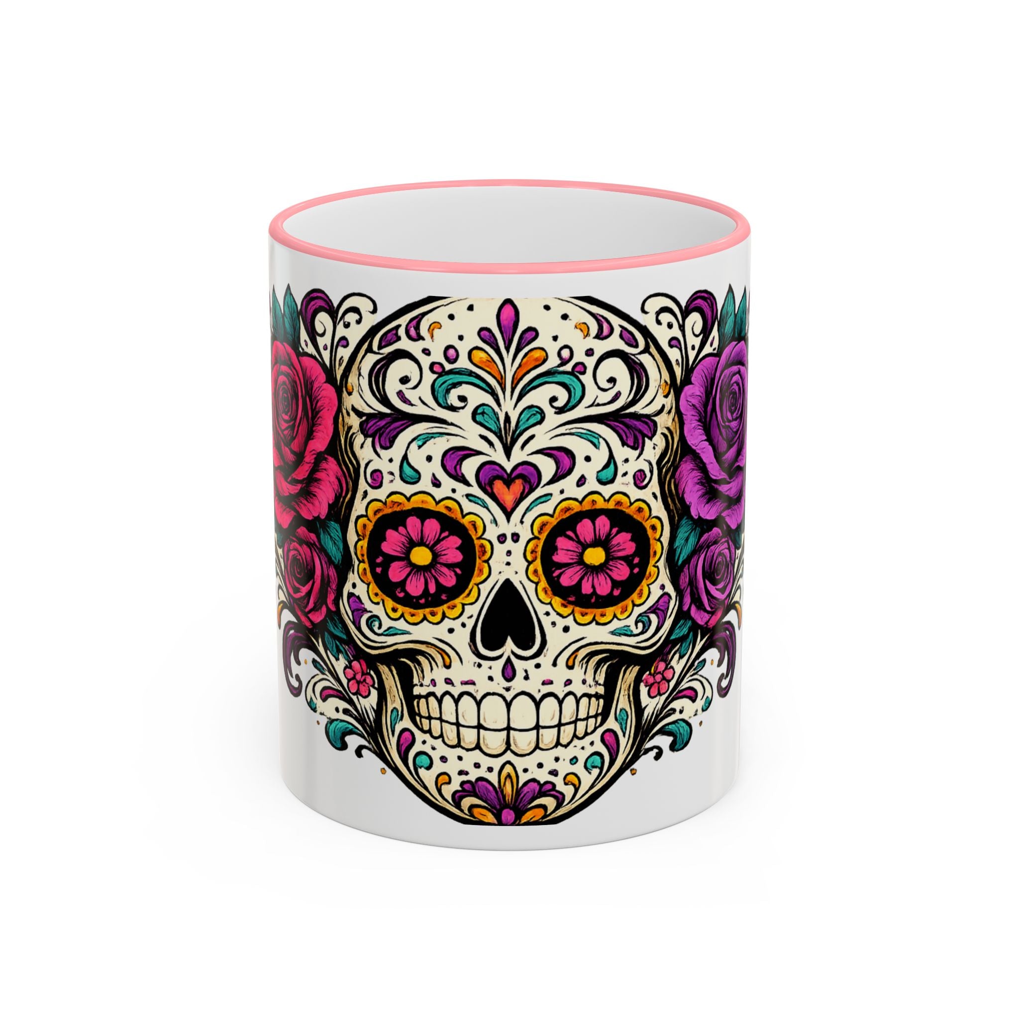 Day of the Dead Sugar Skull Accent Rim Mug — Floral Skull Ceramic Coffee Cup (11oz/15oz)