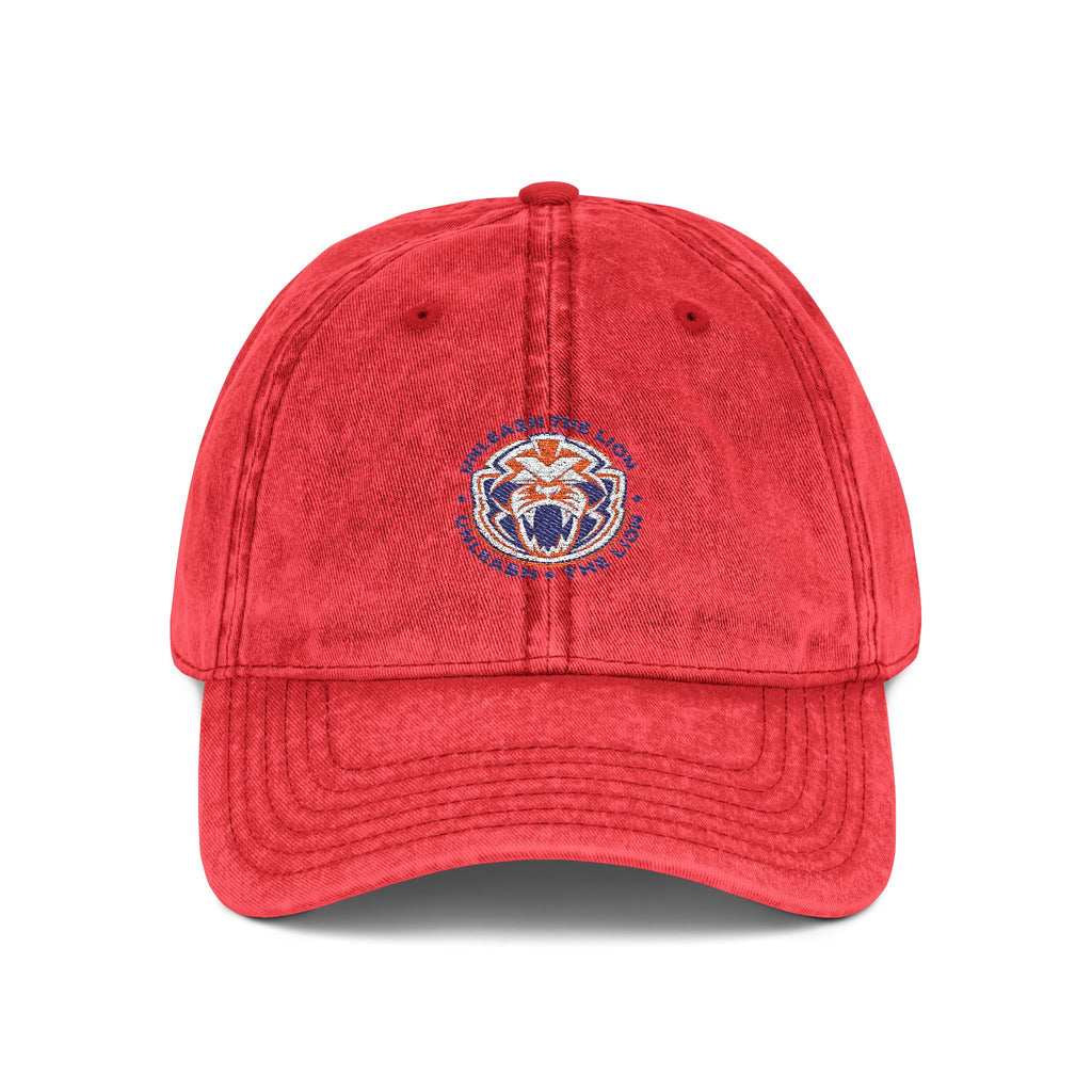 Unleash The Lion #33 Vintage Embroidered Cap — Distressed Red Baseball Hat with Retro Patch