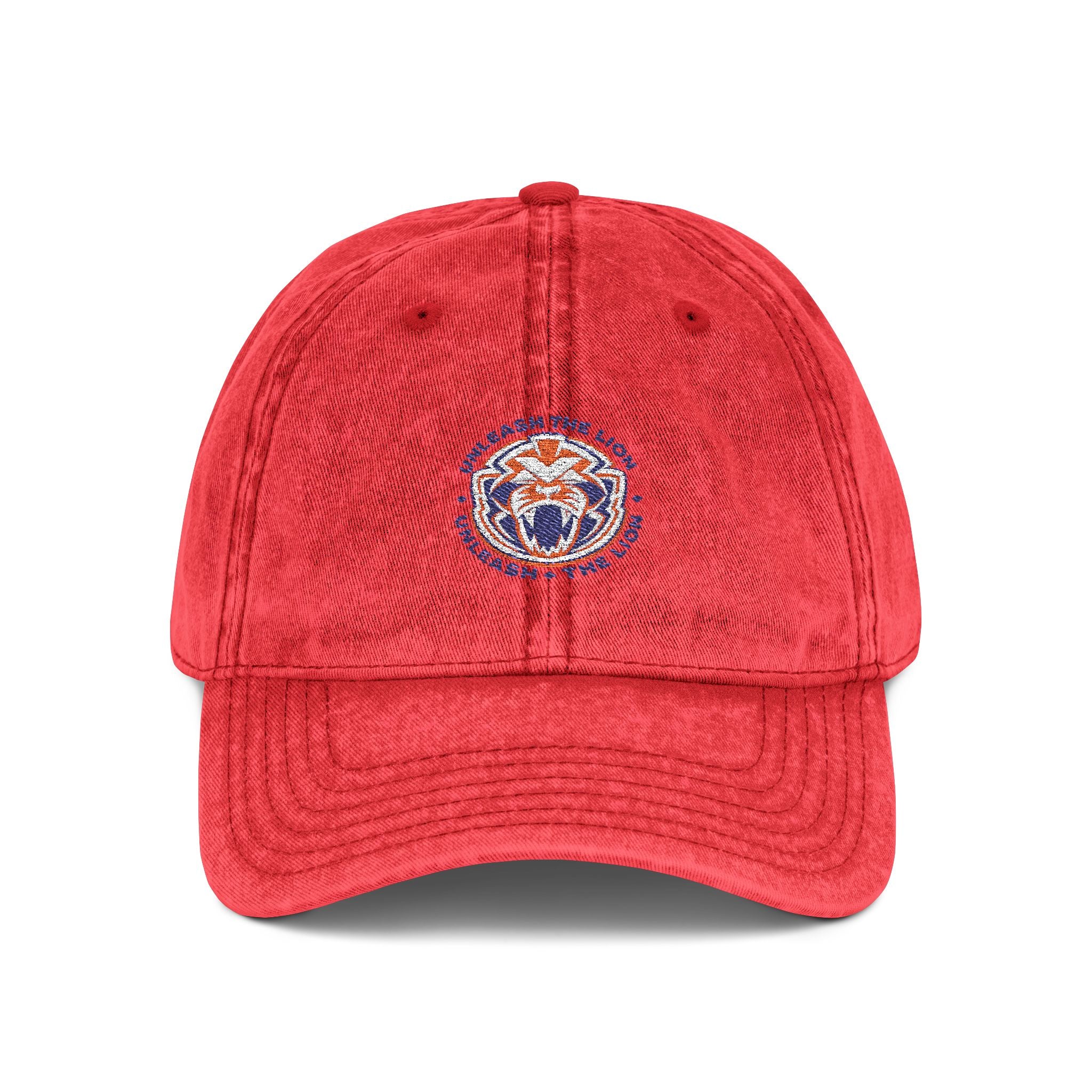 Unleash The Lion #33 Vintage Embroidered Cap — Distressed Red Baseball Hat with Retro Patch