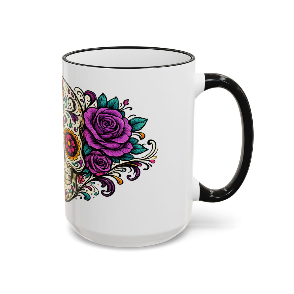 Day of the Dead Sugar Skull Accent Rim Mug — Floral Skull Ceramic Coffee Cup (11oz/15oz)
