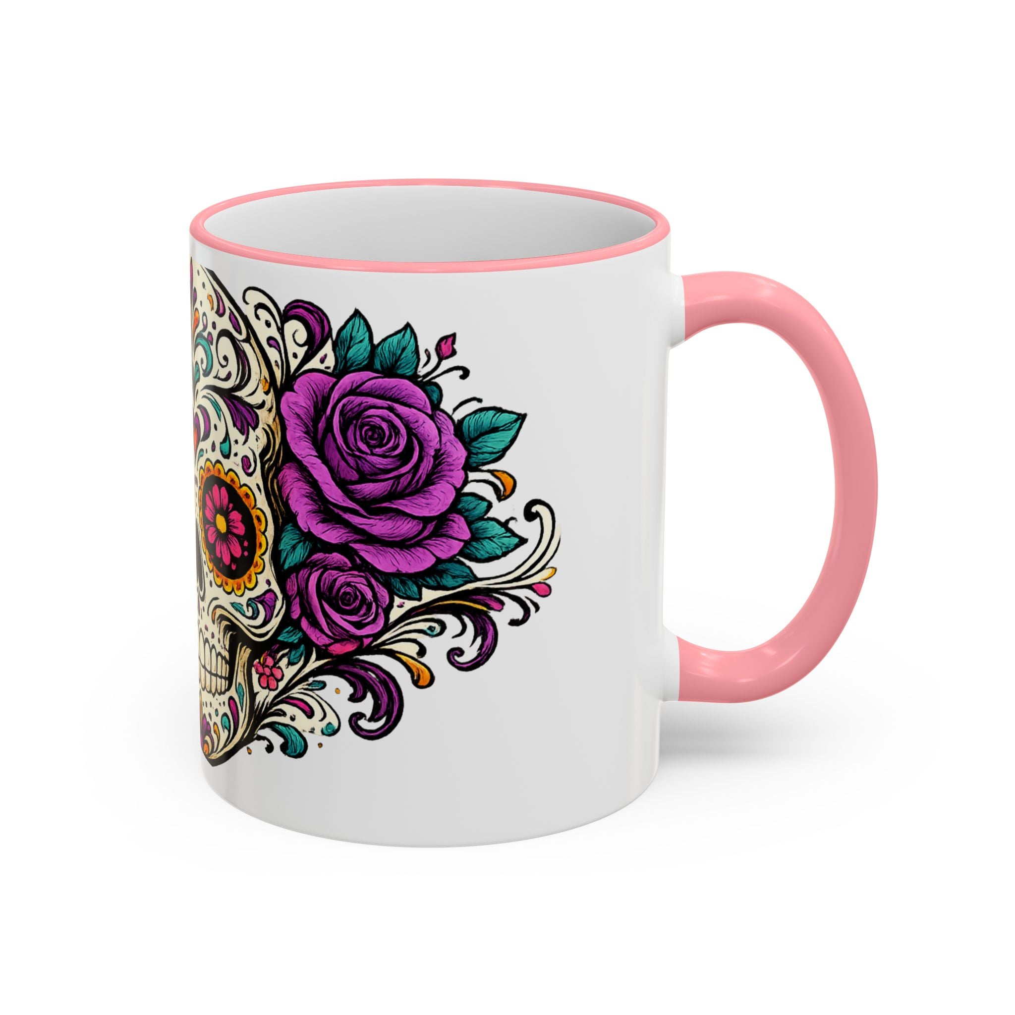 Day of the Dead Sugar Skull Accent Rim Mug — Floral Skull Ceramic Coffee Cup (11oz/15oz)