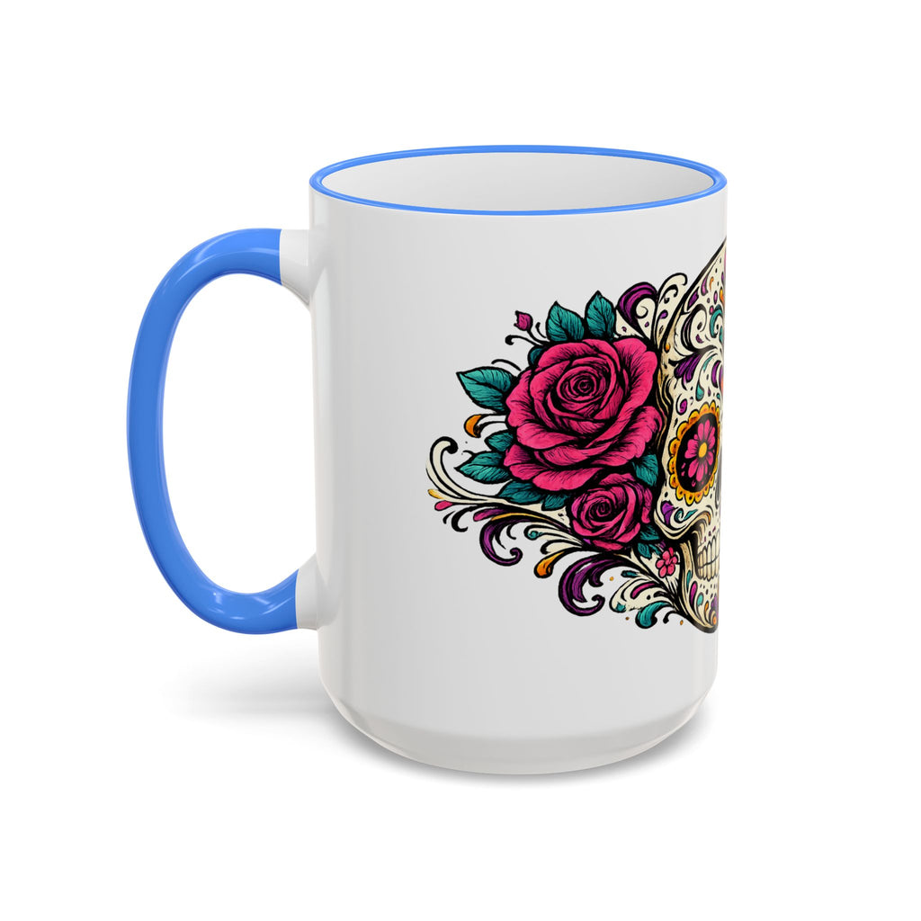 Day of the Dead Sugar Skull Accent Rim Mug — Floral Skull Ceramic Coffee Cup (11oz/15oz)