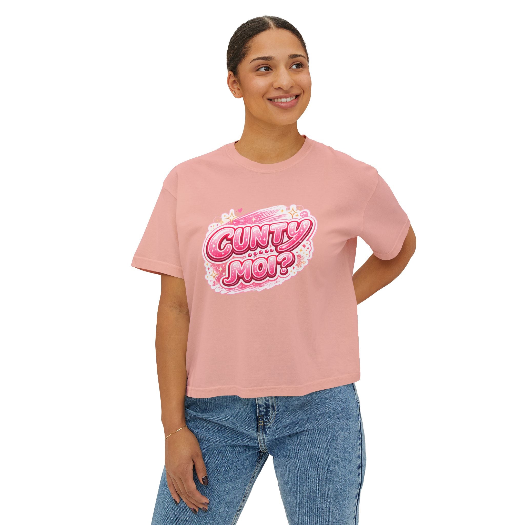 CUNTY....MOI?' Pink Retro Graphic Crop T-Shirt