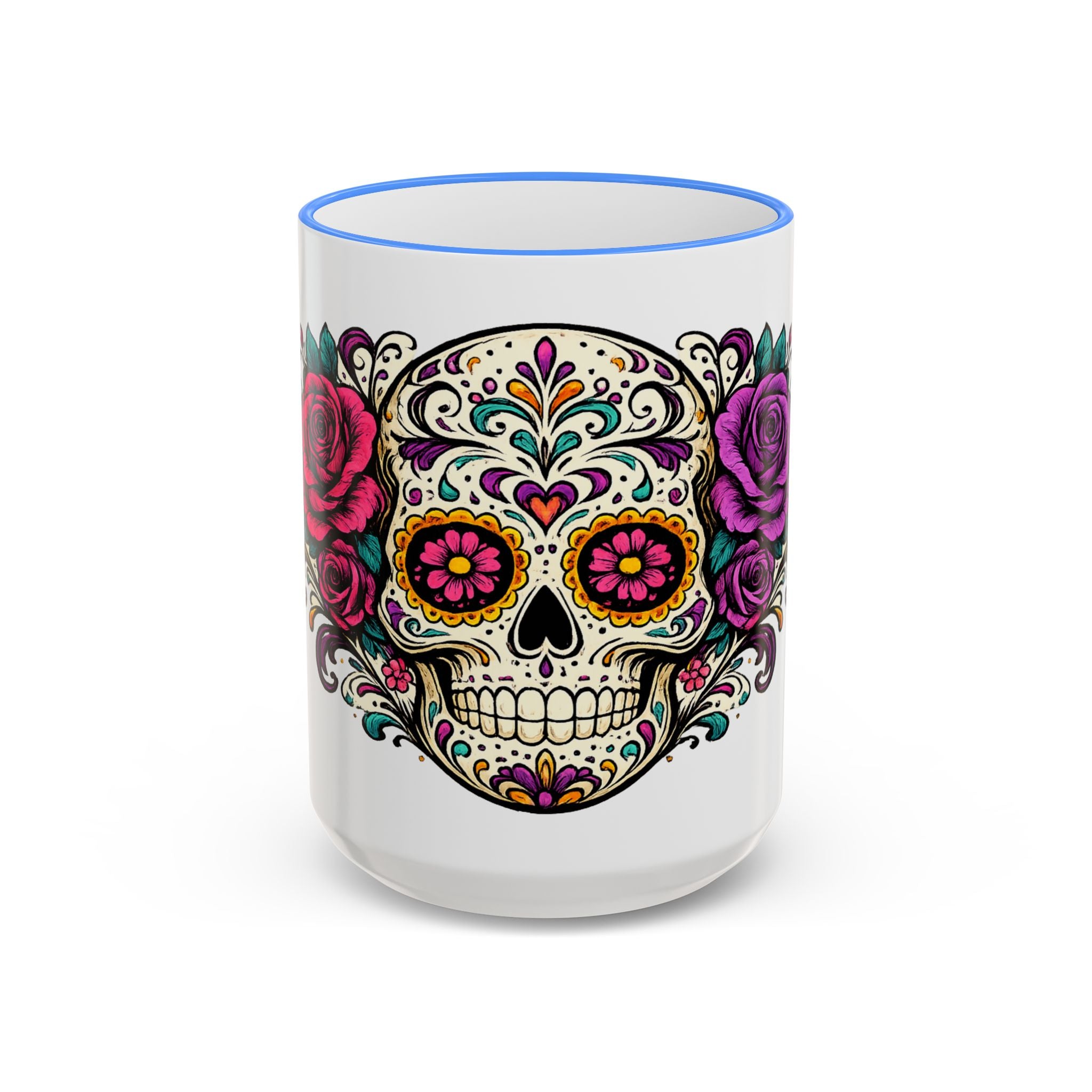 Day of the Dead Sugar Skull Accent Rim Mug — Floral Skull Ceramic Coffee Cup (11oz/15oz)