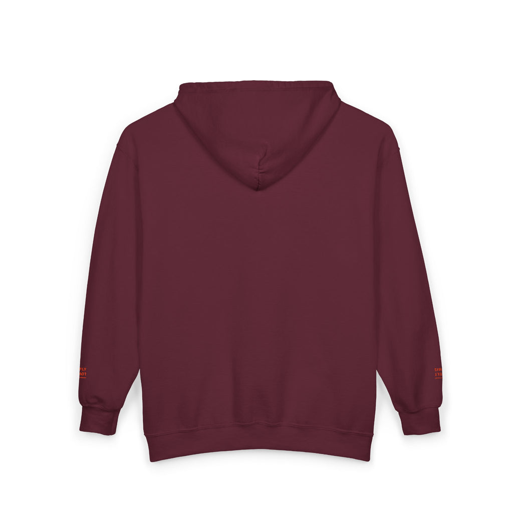 "Simply Lovely"  Zip Hoodie — Small Red Script Chest & Sleeve Design