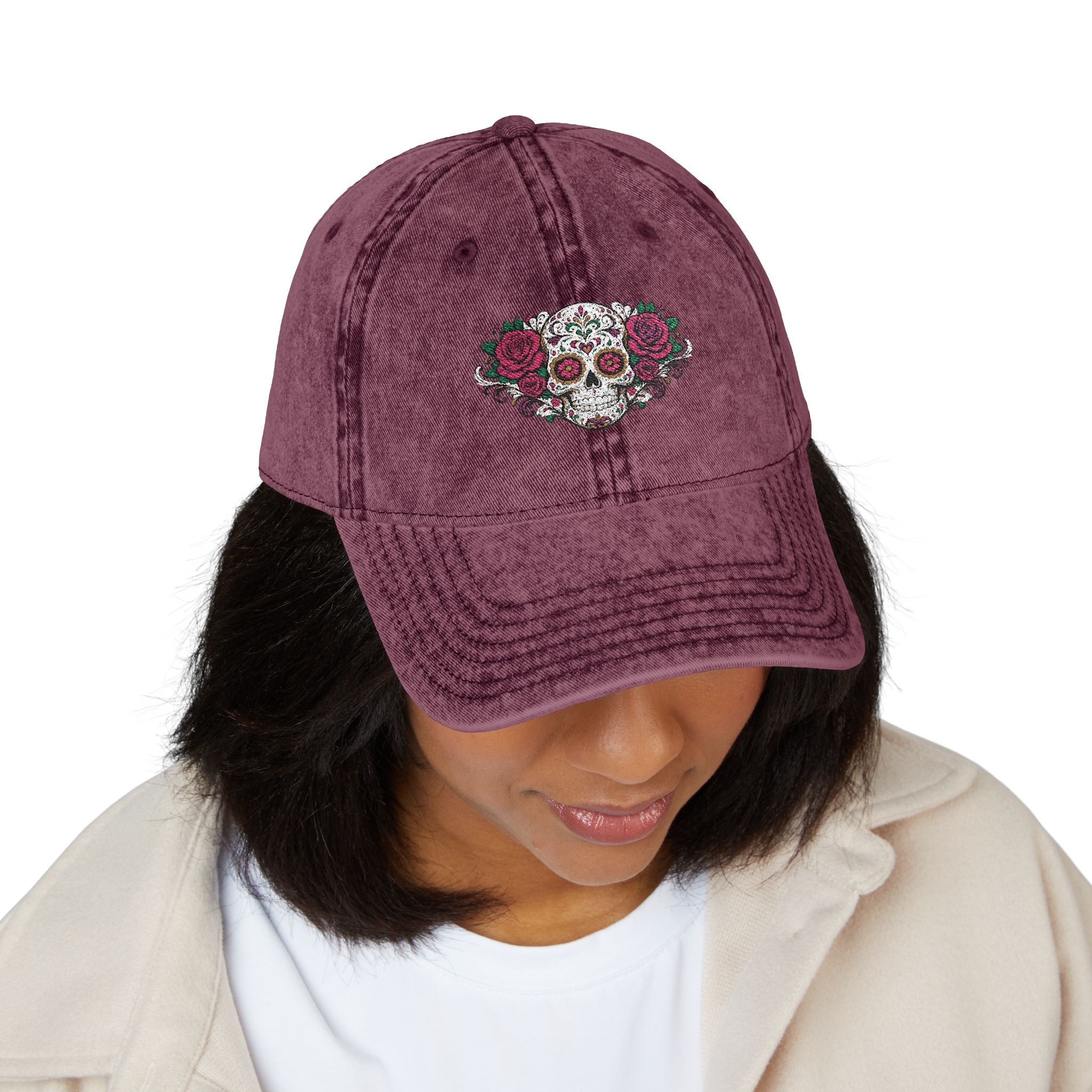 Embroidered Floral Sugar Skull Vintage Cap Personalize it