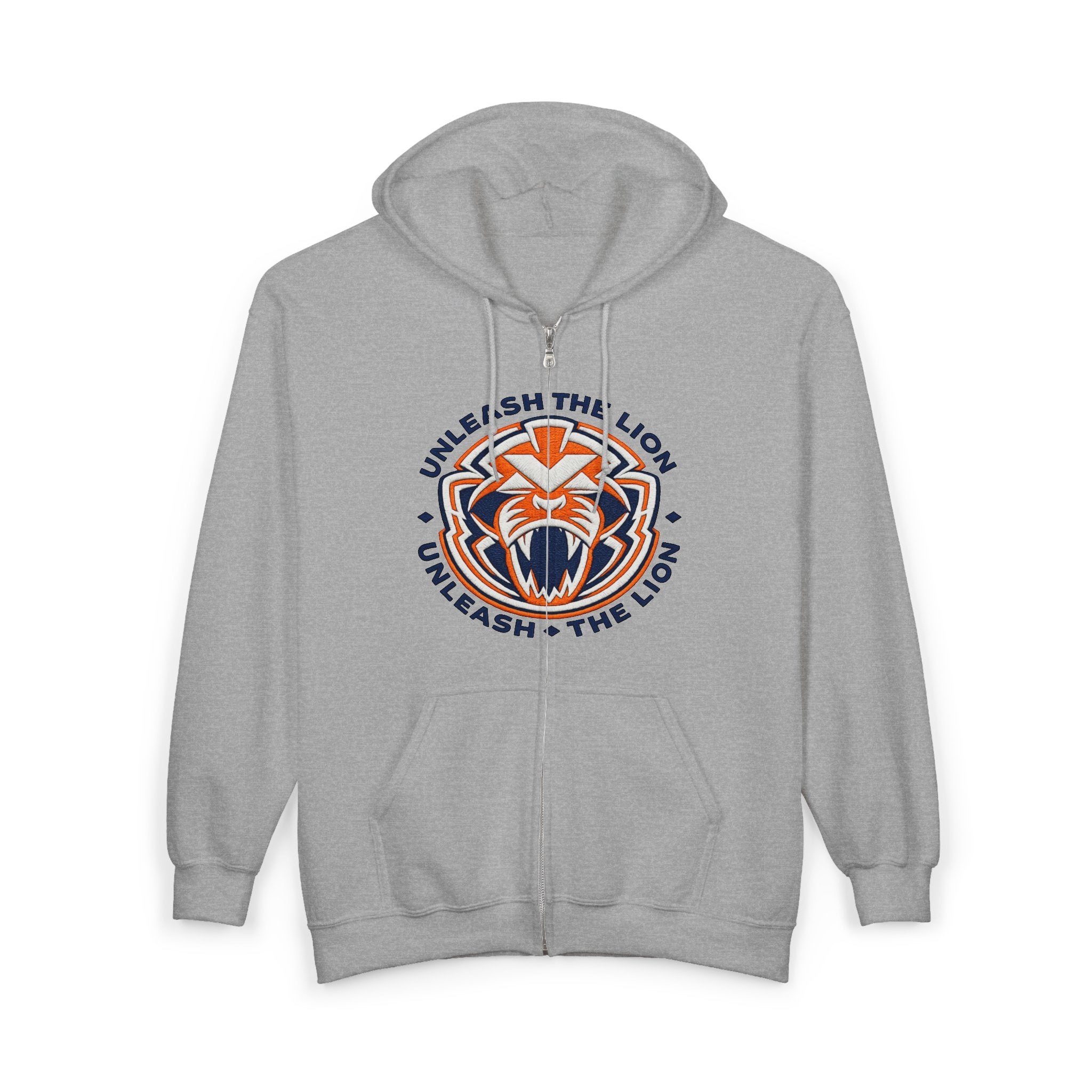 "UNLEASH THE LION" Full-Zip Hoodie — Bold Orange & Blue Geometric Tiger Emblem