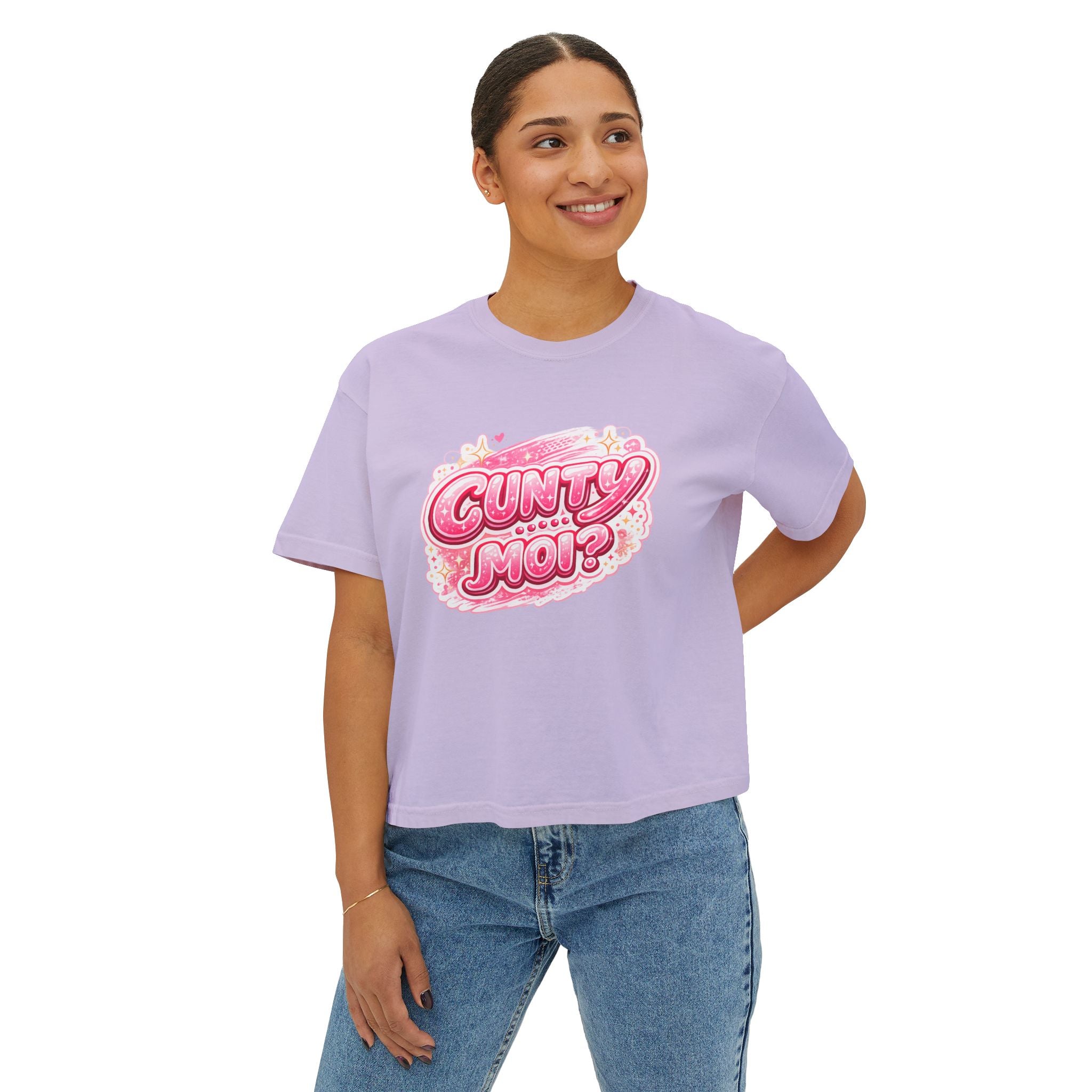 CUNTY....MOI?' Pink Retro Graphic Crop T-Shirt