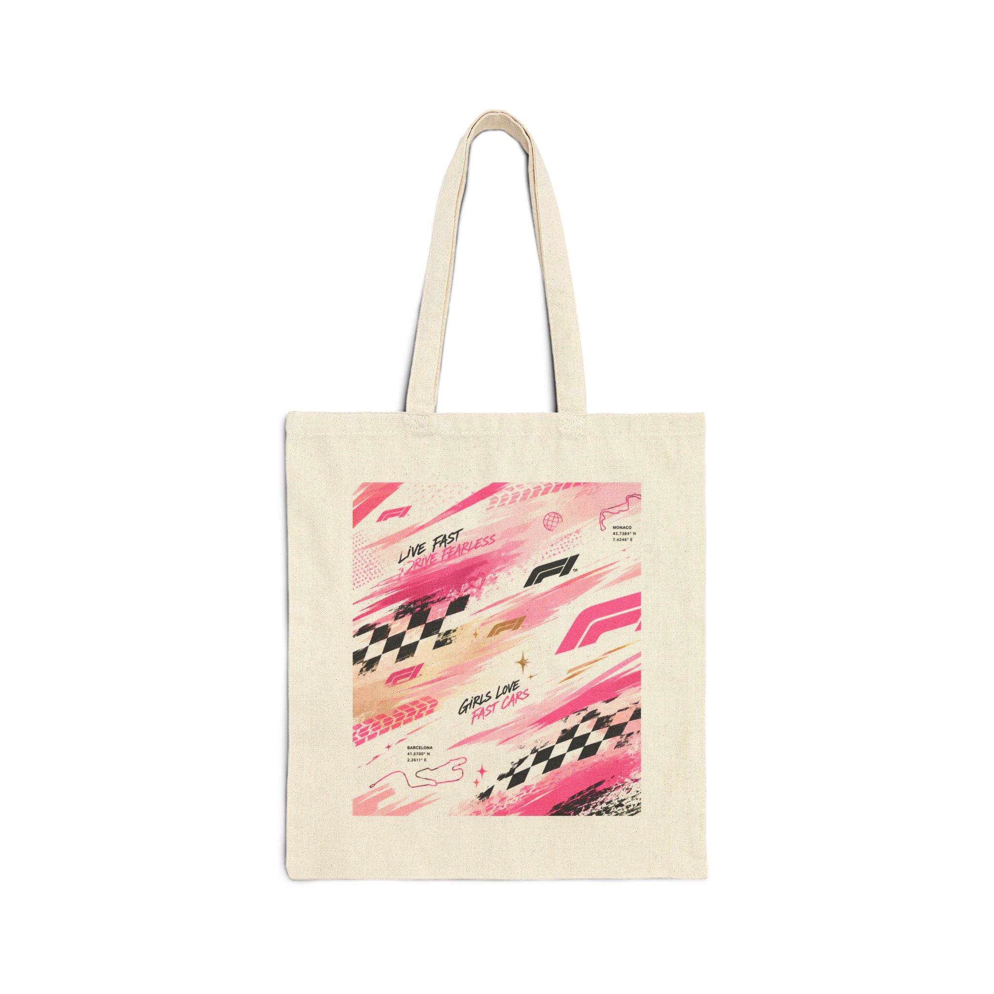 Racing Pink Canvas Tote Bag — Checkered Flag Formula F Design