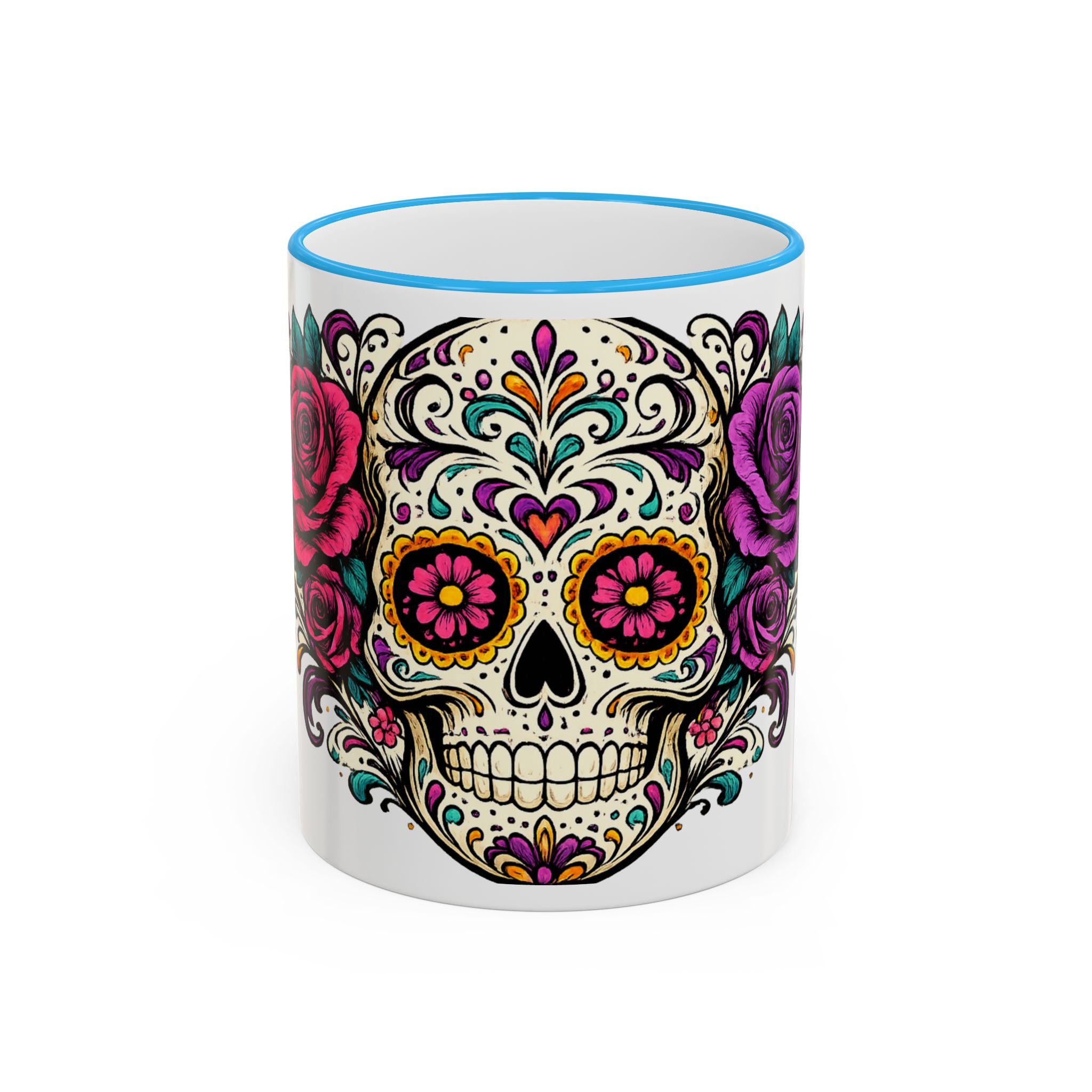 Day of the Dead Sugar Skull Accent Rim Mug — Floral Skull Ceramic Coffee Cup (11oz/15oz)