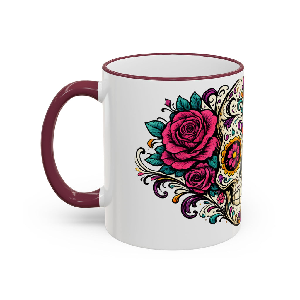 Day of the Dead Sugar Skull Accent Rim Mug — Floral Skull Ceramic Coffee Cup (11oz/15oz)