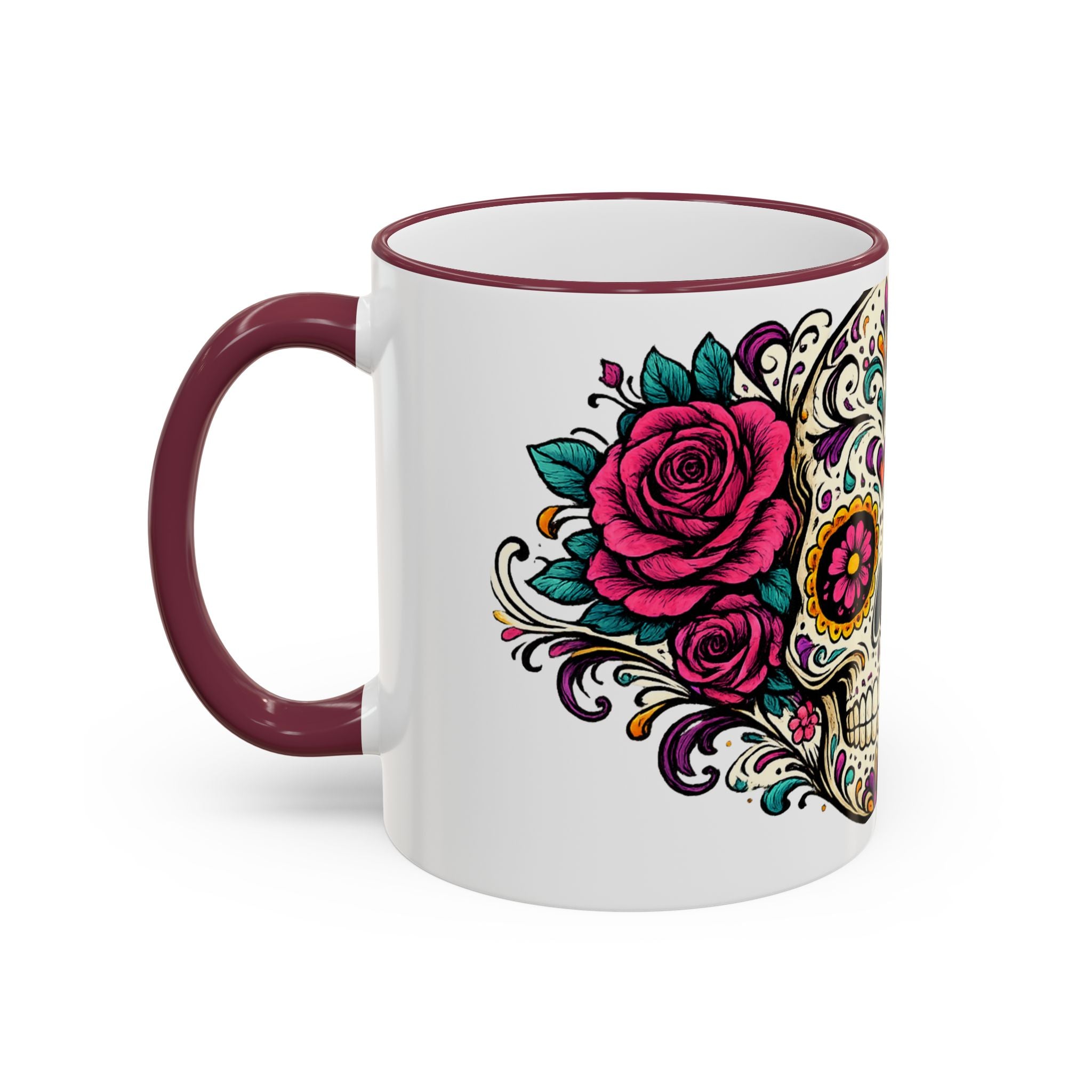 Day of the Dead Sugar Skull Accent Rim Mug — Floral Skull Ceramic Coffee Cup (11oz/15oz)