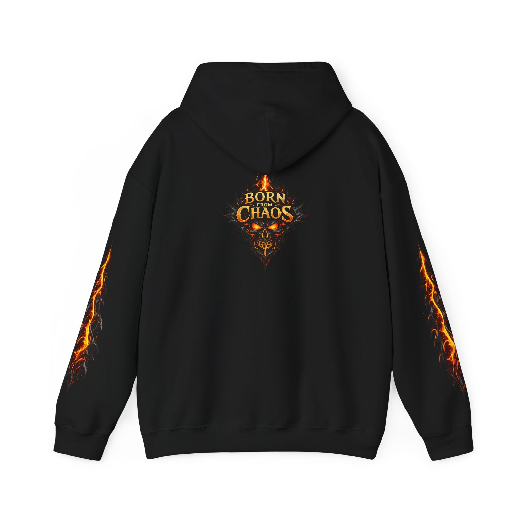 Born From ChaosFlaming Skull Hoodie — Gothic Flame Graphic Pullover