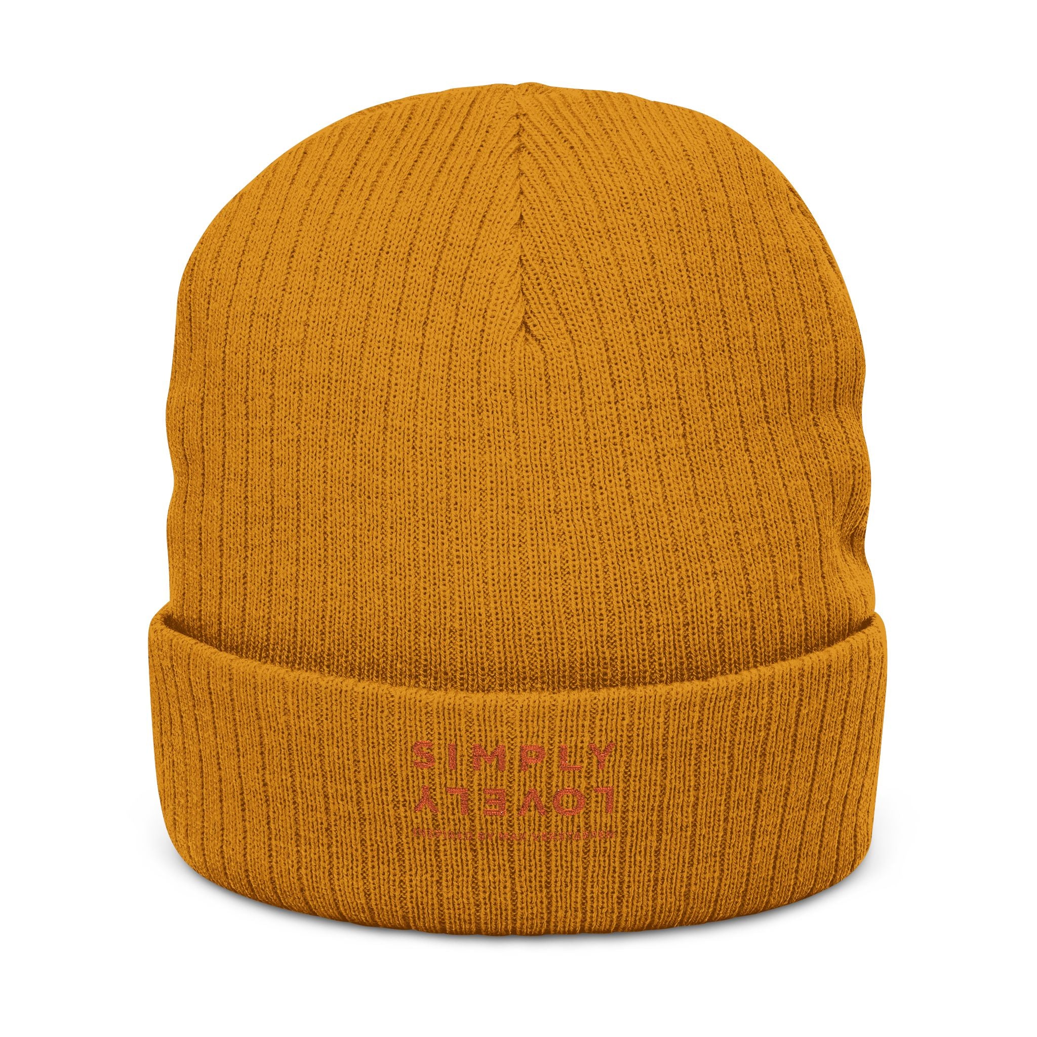 Embroidered Ribbed Beanie — 'SIMPLY LOVELY' Orange Logo Knit Hat