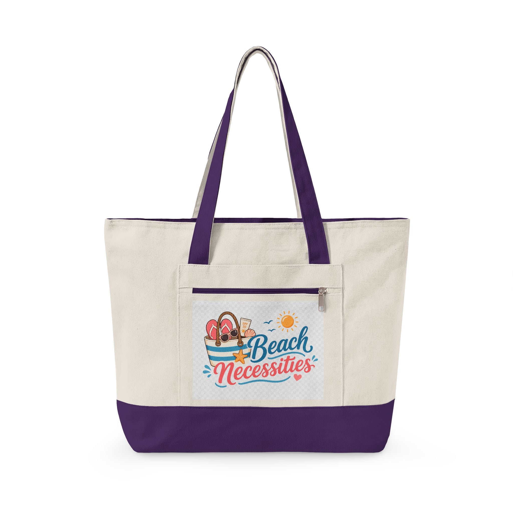 "Beach Bag / Beach Necessities" Zippered Canvas Tote, Summer Beach Tote Bag