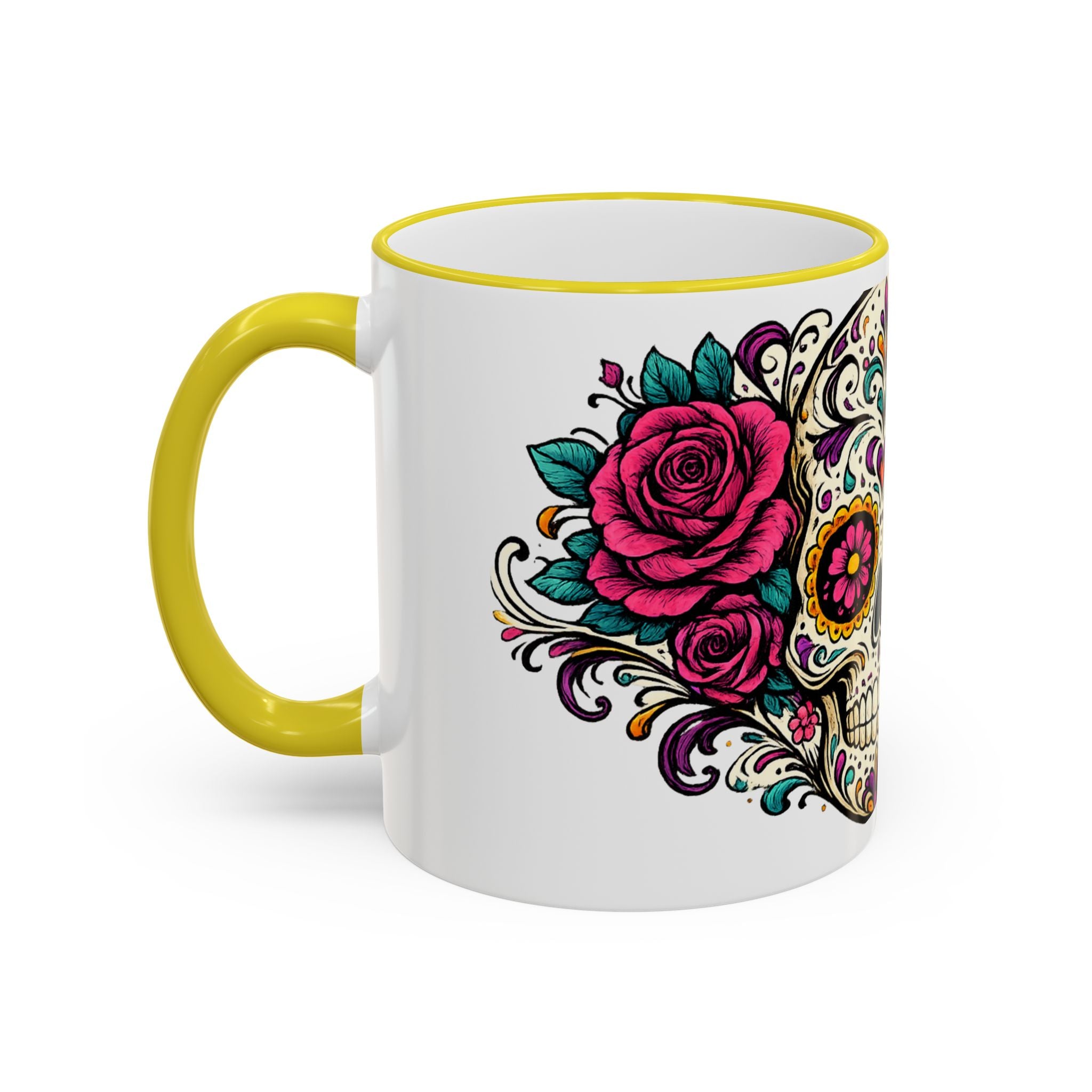 Day of the Dead Sugar Skull Accent Rim Mug — Floral Skull Ceramic Coffee Cup (11oz/15oz)