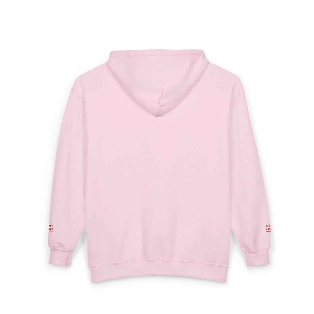 "Simply Lovely"  Zip Hoodie — Small Red Script Chest & Sleeve Design
