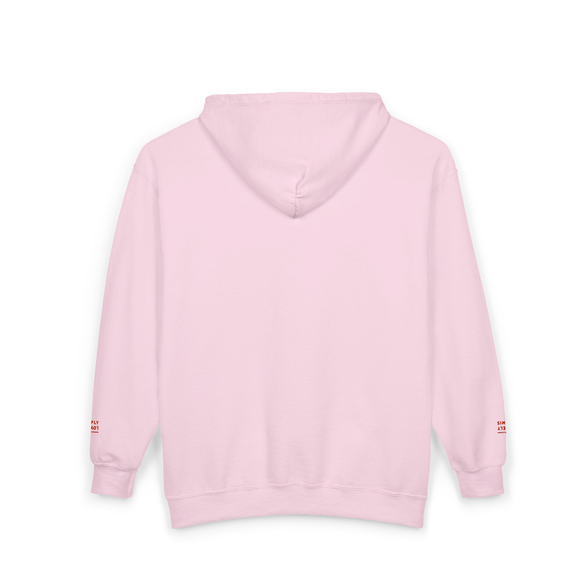 "Simply Lovely"  Zip Hoodie — Small Red Script Chest & Sleeve Design