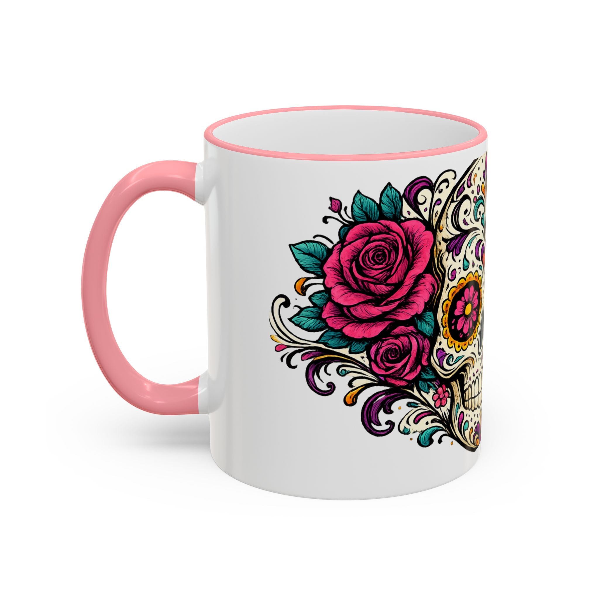 Day of the Dead Sugar Skull Accent Rim Mug — Floral Skull Ceramic Coffee Cup (11oz/15oz)