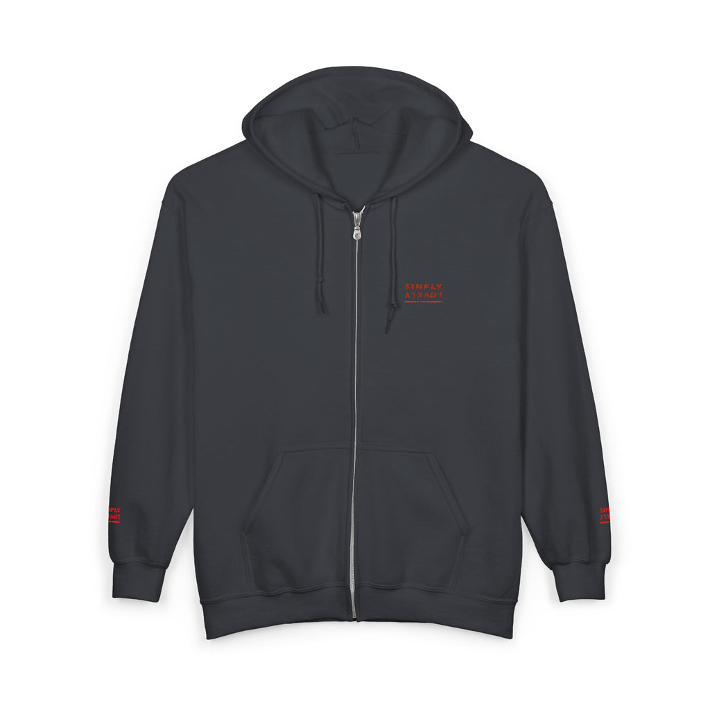"Simply Lovely"  Zip Hoodie — Small Red Script Chest & Sleeve Design