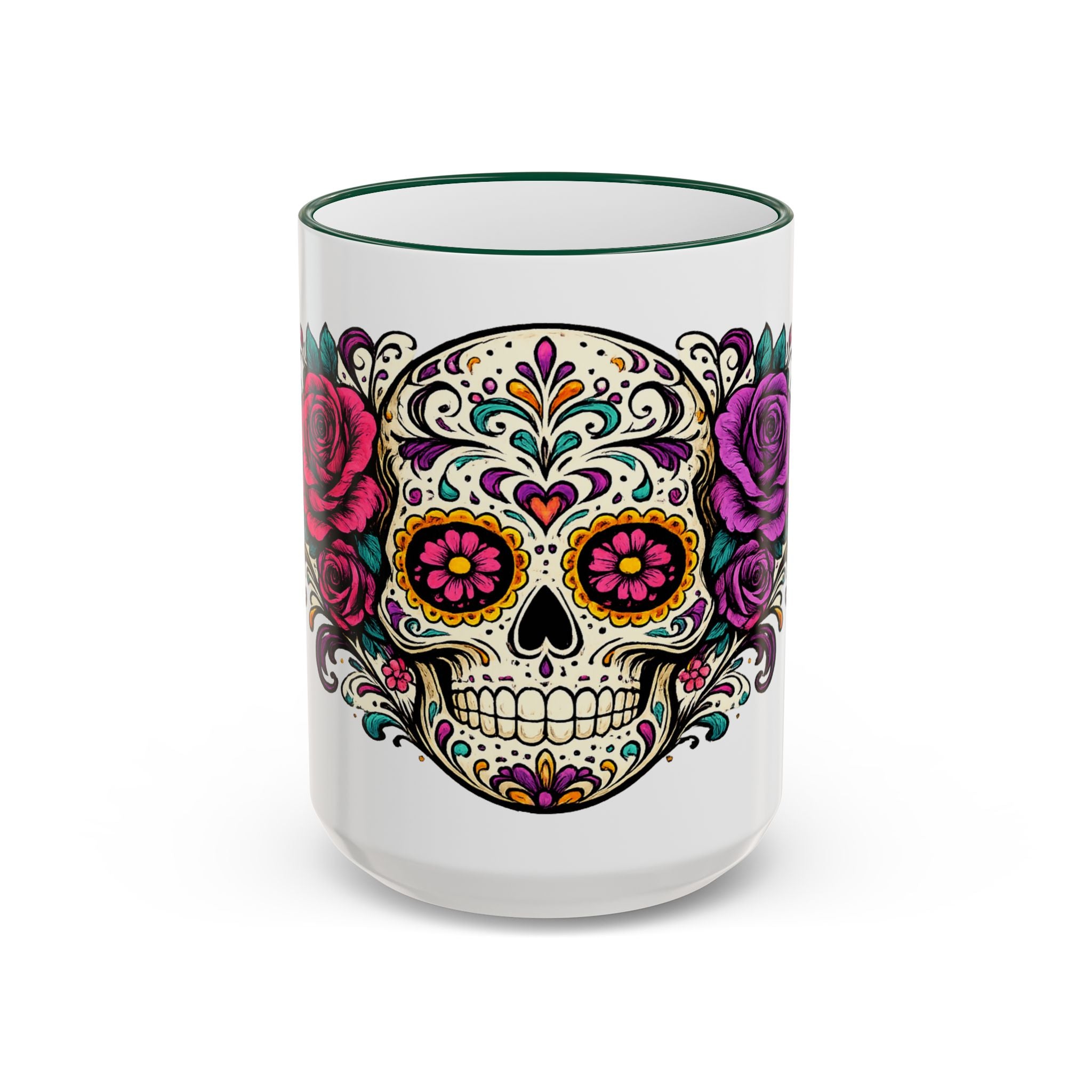 Day of the Dead Sugar Skull Accent Rim Mug — Floral Skull Ceramic Coffee Cup (11oz/15oz)